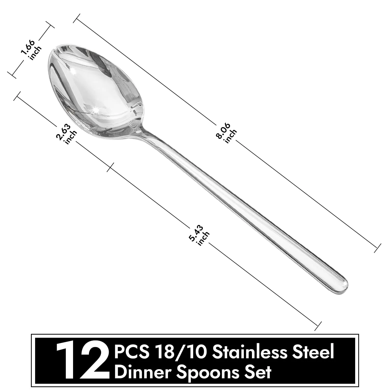 12-Piece 8-Inch Dinner Spoons Set, 18/10 Stainless Steel, Not Teaspoons
