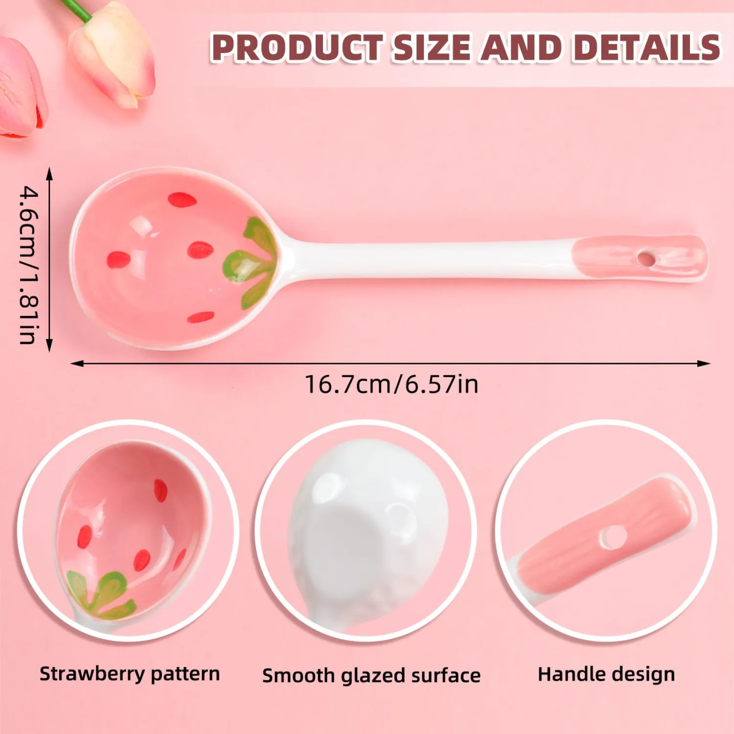 5 Pcs Ceramic Soup Spoons Cute Strawberry Spoons Long Handle Porcelain Tablespoons Reusable Dinnerware for Ice-cream Desserts Cereal Soup Yogurt (5)