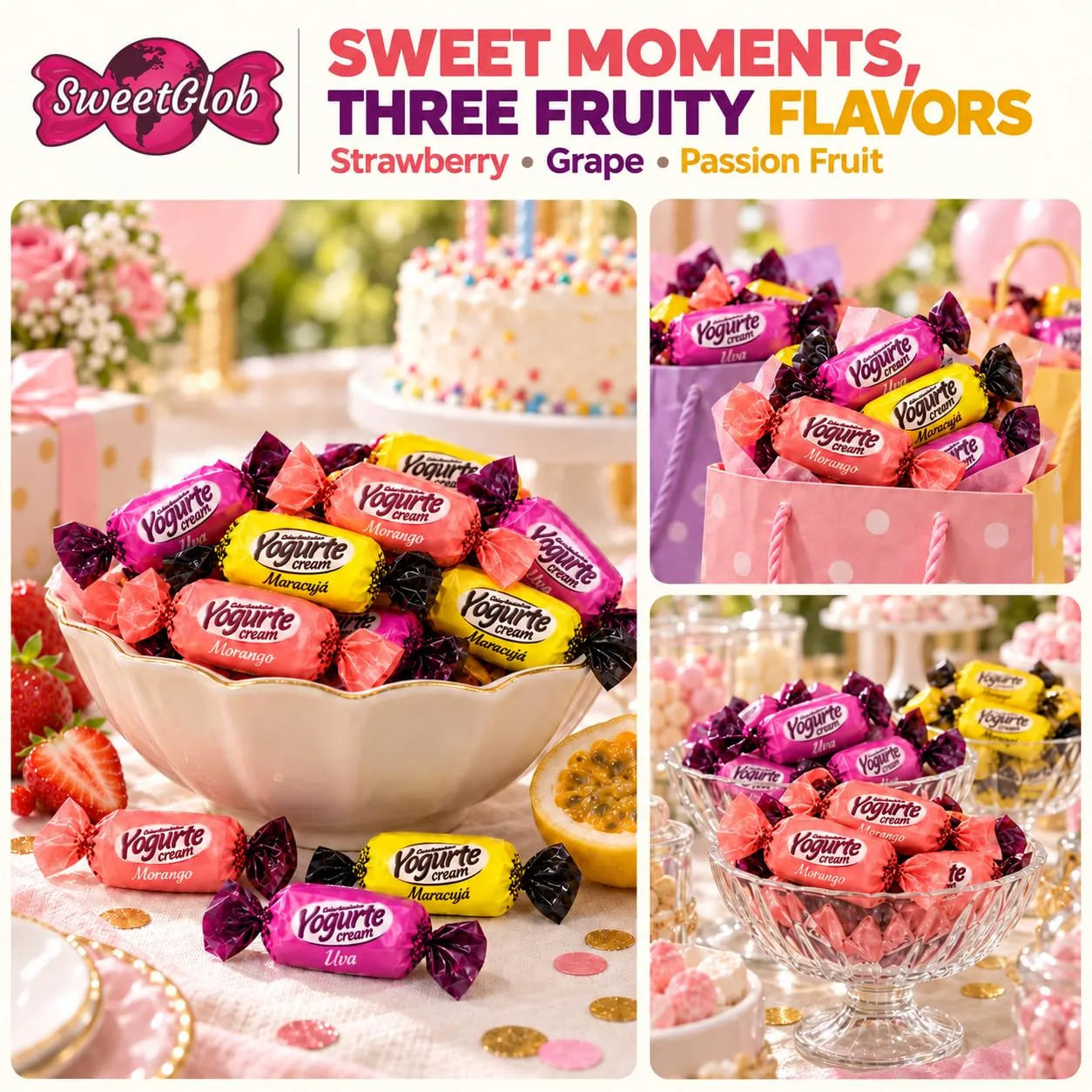 SweetGlob Strawberry, Grape & Passion Fruit Yogurt Soft Candy, 1 Pound