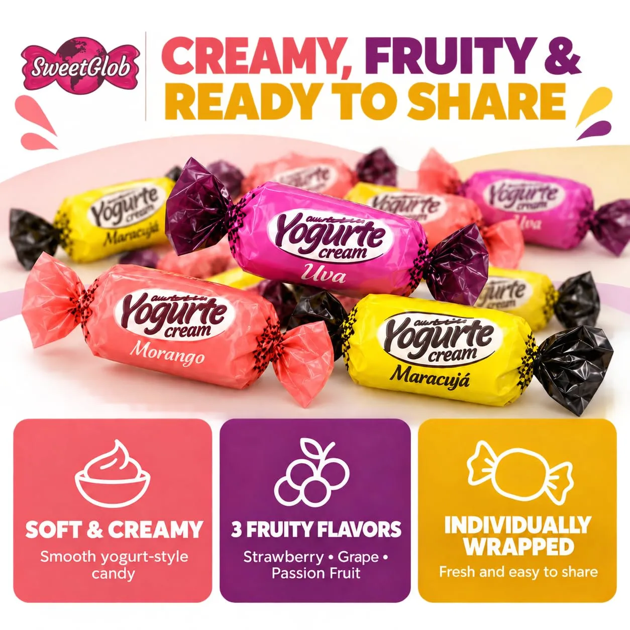 SweetGlob Strawberry, Grape & Passion Fruit Yogurt Soft Candy, 1 Pound