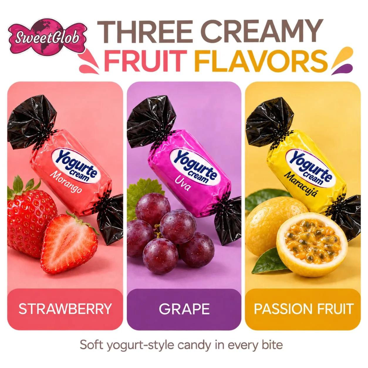 SweetGlob Strawberry, Grape & Passion Fruit Yogurt Soft Candy, 2 Pound