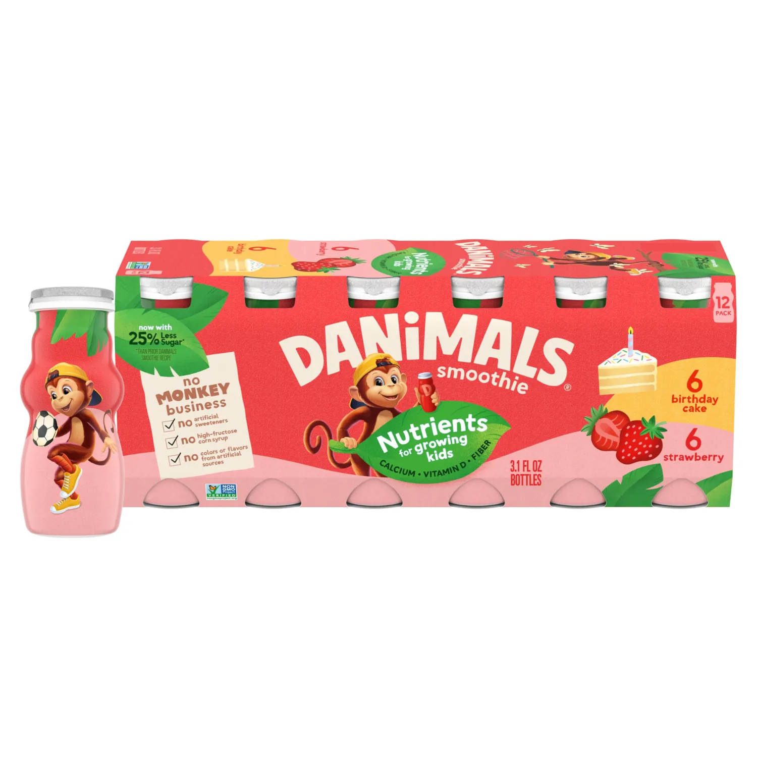 Danimals Smoothie Strawberry Explosion and Birthday Cake Dairy Drink Multi-Pack, Easy Snacks for Kids, 12 Ct, 3.1 OZ Smoothie Bottles