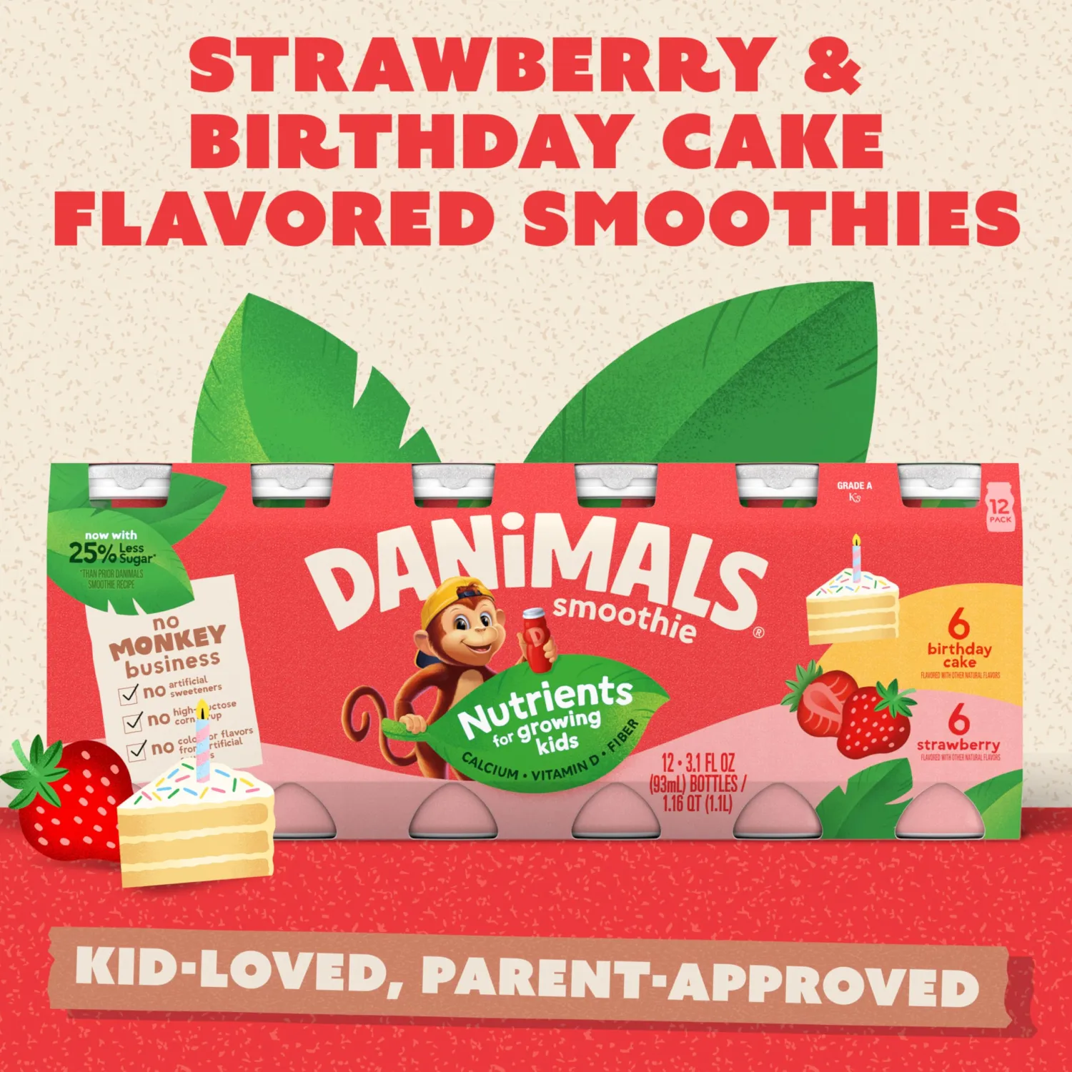 Danimals Smoothie Strawberry Explosion and Birthday Cake Dairy Drink Multi-Pack, Easy Snacks for Kids, 12 Ct, 3.1 OZ Smoothie Bottles
