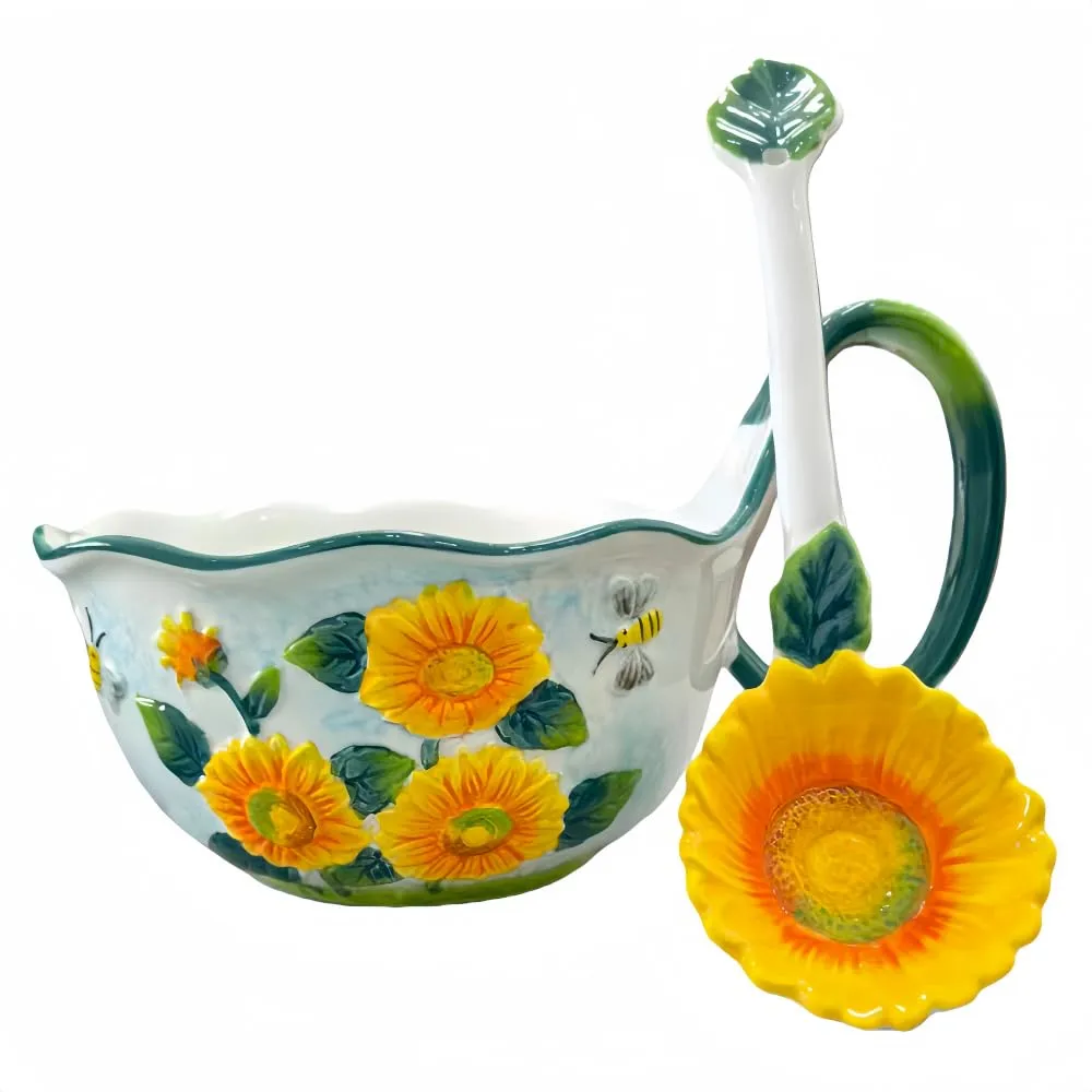 30.44oz/900ml Handpainted Relief Soup Bowl with Handle,Ceramic Cereal Bowl Microwave &Dishwasher Safe,Loop Handle Bowl Great for Soup,Yogurt,Snack,Chip,Stew,Ice Cream,Coffee (Sunflower)