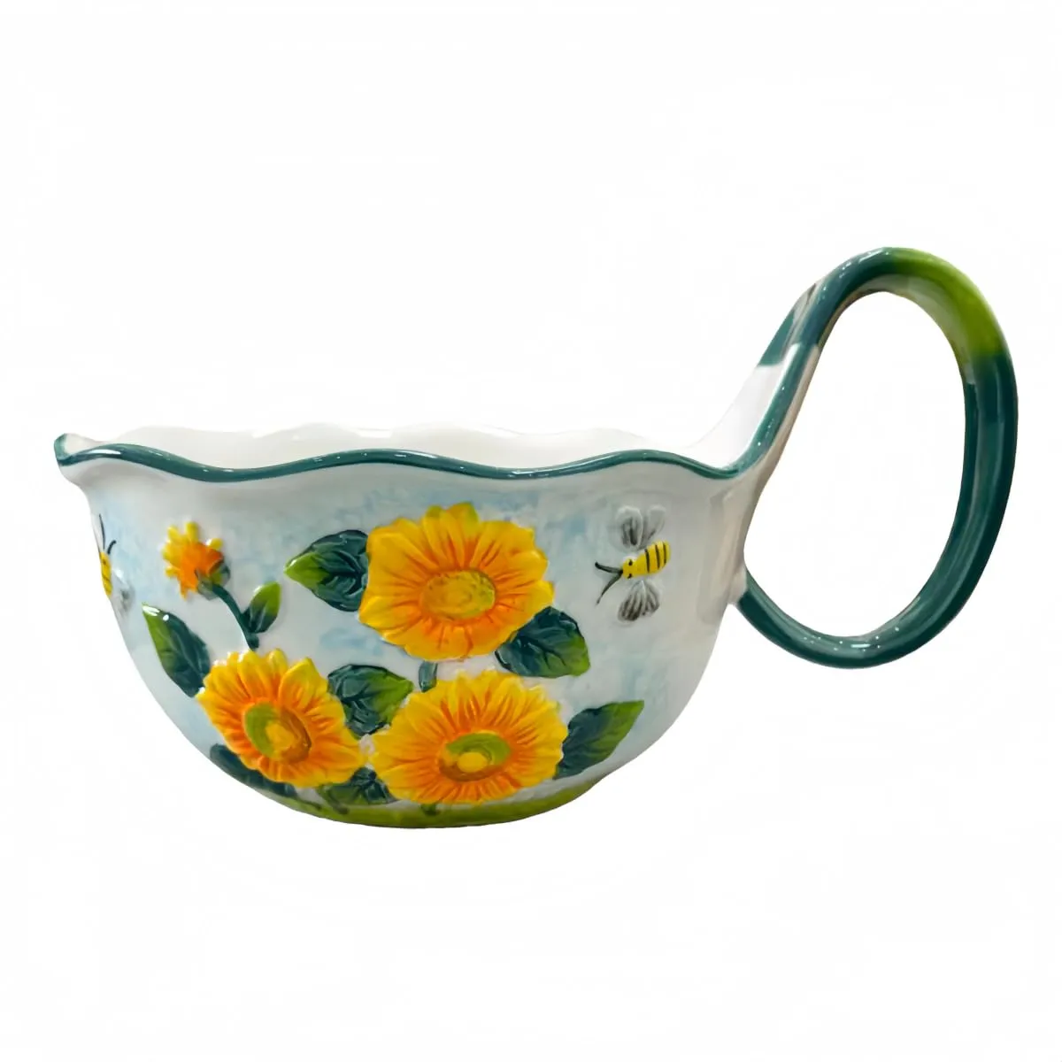 30.44oz/900ml Handpainted Relief Soup Bowl with Handle,Ceramic Cereal Bowl Microwave &Dishwasher Safe,Loop Handle Bowl Great for Soup,Yogurt,Snack,Chip,Stew,Ice Cream,Coffee (Sunflower)