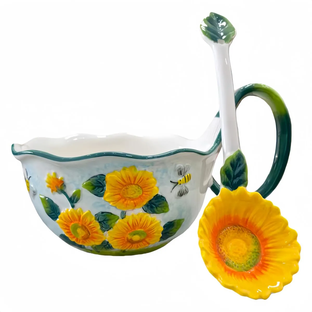 30.44oz/900ml Handpainted Relief Soup Bowl with Handle,Ceramic Cereal Bowl Microwave &Dishwasher Safe,Loop Handle Bowl Great for Soup,Yogurt,Snack,Chip,Stew,Ice Cream,Coffee (Sunflower)