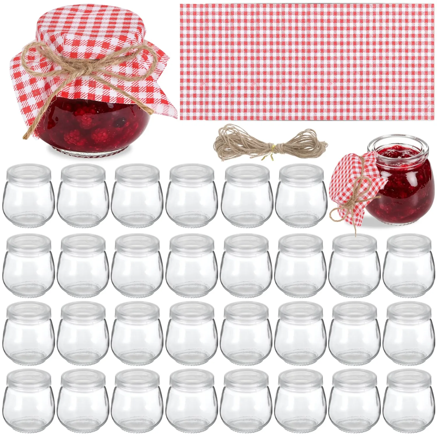 30 Sets Yogurt Jars Strawberry Baby Shower Favors Kit 3.4 oz Glass Bottles Mason Jar with Plastic Lids and Checkered Cloth and Rope for Honey Jam Honey Wedding Favors Birthday Party Decor