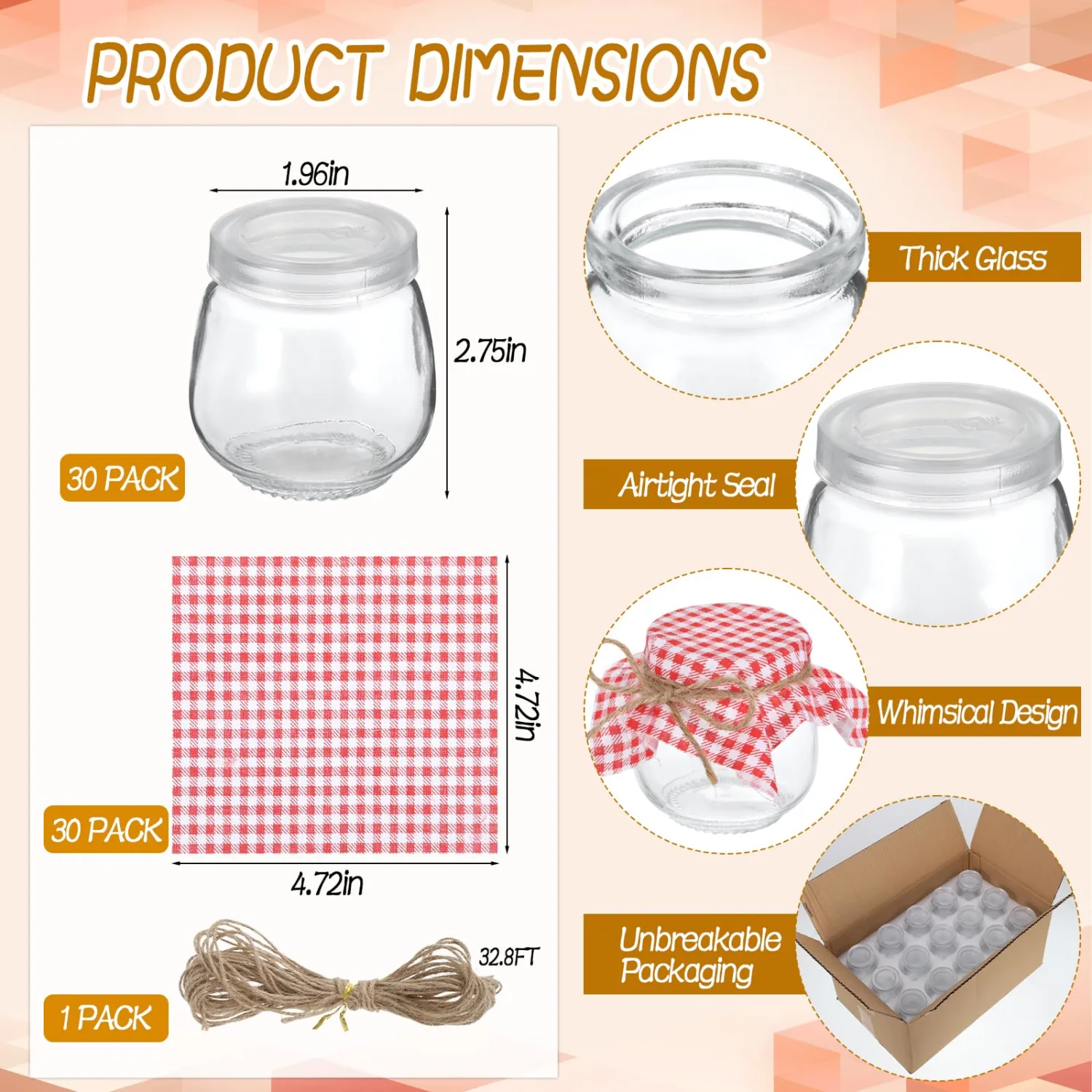 30 Sets Yogurt Jars Strawberry Baby Shower Favors Kit 3.4 oz Glass Bottles Mason Jar with Plastic Lids and Checkered Cloth and Rope for Honey Jam Honey Wedding Favors Birthday Party Decor