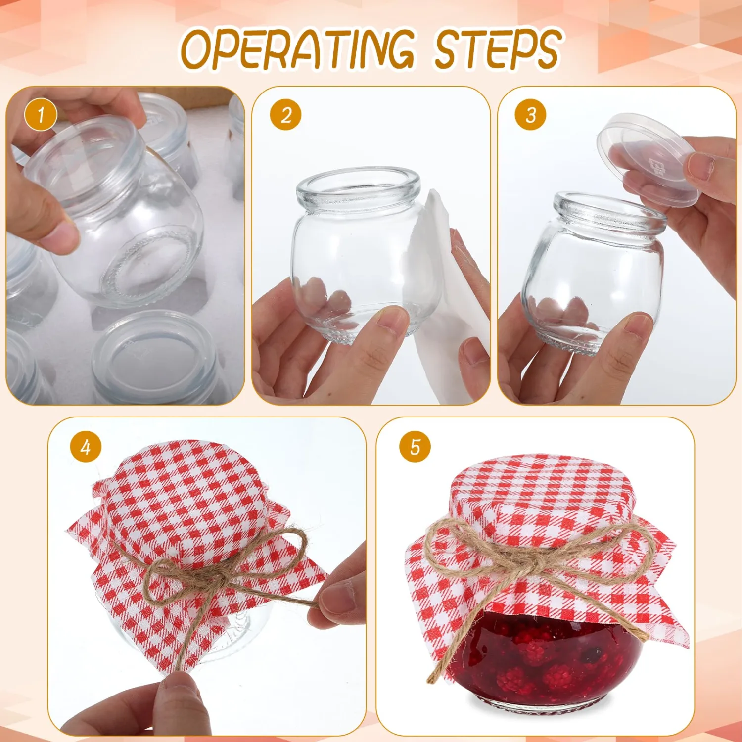 30 Sets Yogurt Jars Strawberry Baby Shower Favors Kit 3.4 oz Glass Bottles Mason Jar with Plastic Lids and Checkered Cloth and Rope for Honey Jam Honey Wedding Favors Birthday Party Decor