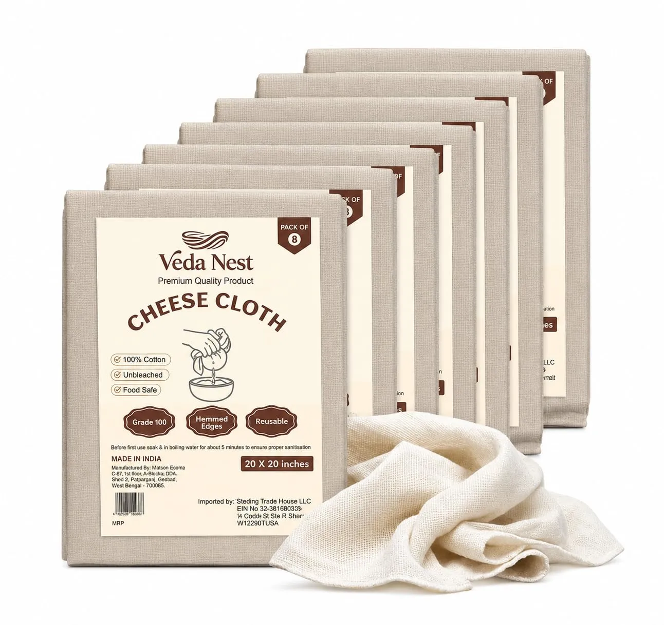 Grade 100 Cheese Cloth for Straining, 20 x 20 Inch Pack of 8 | 100% Unbleached Cotton Reusable Muslin Cloth | Ultra Fine Mesh for Paneer, Greek Yogurt, Nut Milk, Tofu & Cold Brew