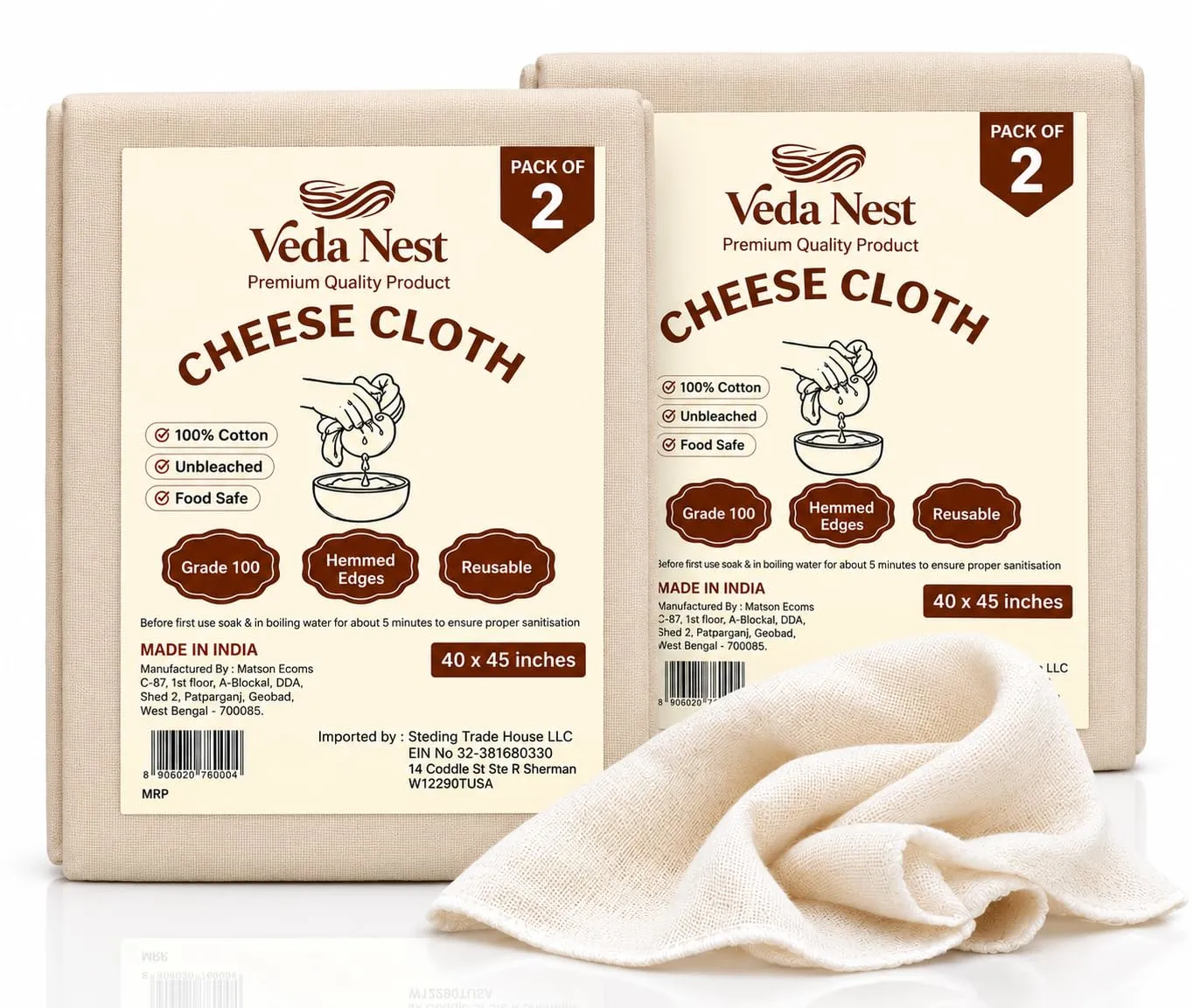 Grade 100 Cheese Cloth for Straining, 100% Unbleached Cotton Reusable Muslin Cloth | Ultra Fine Mesh for Cheese Making, Paneer, Greek Yogurt, Nut Milk | 40 x 45 Inch, Pack of 2
