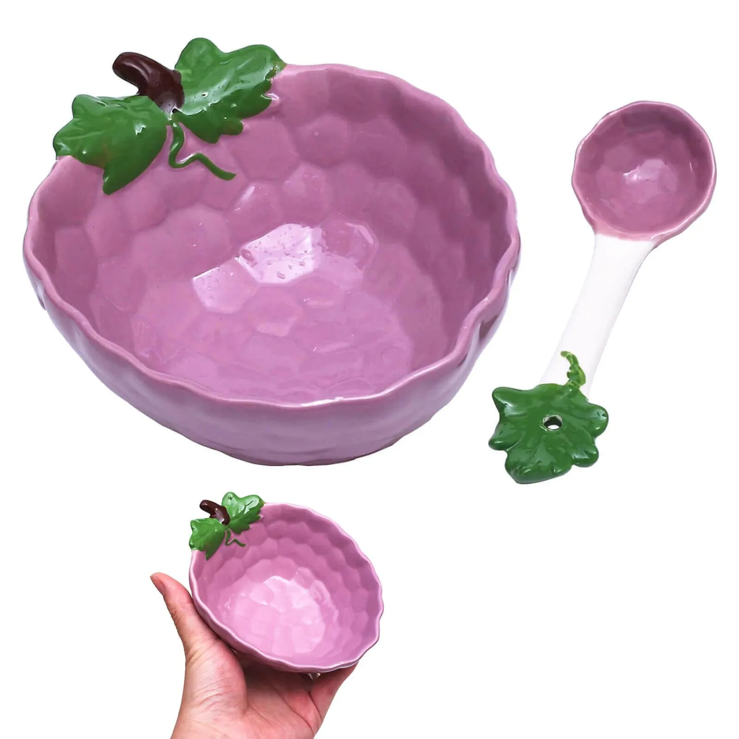 2 Pack Ceramic Grape Shape Dessert Bowls 11.8 oz., Creative Handmade Small Bowl with Spoon for Appetizer, Snacks, Salads, Yogurt, Side Dishes, 5.9" L x 4.7" W x 2.2" H