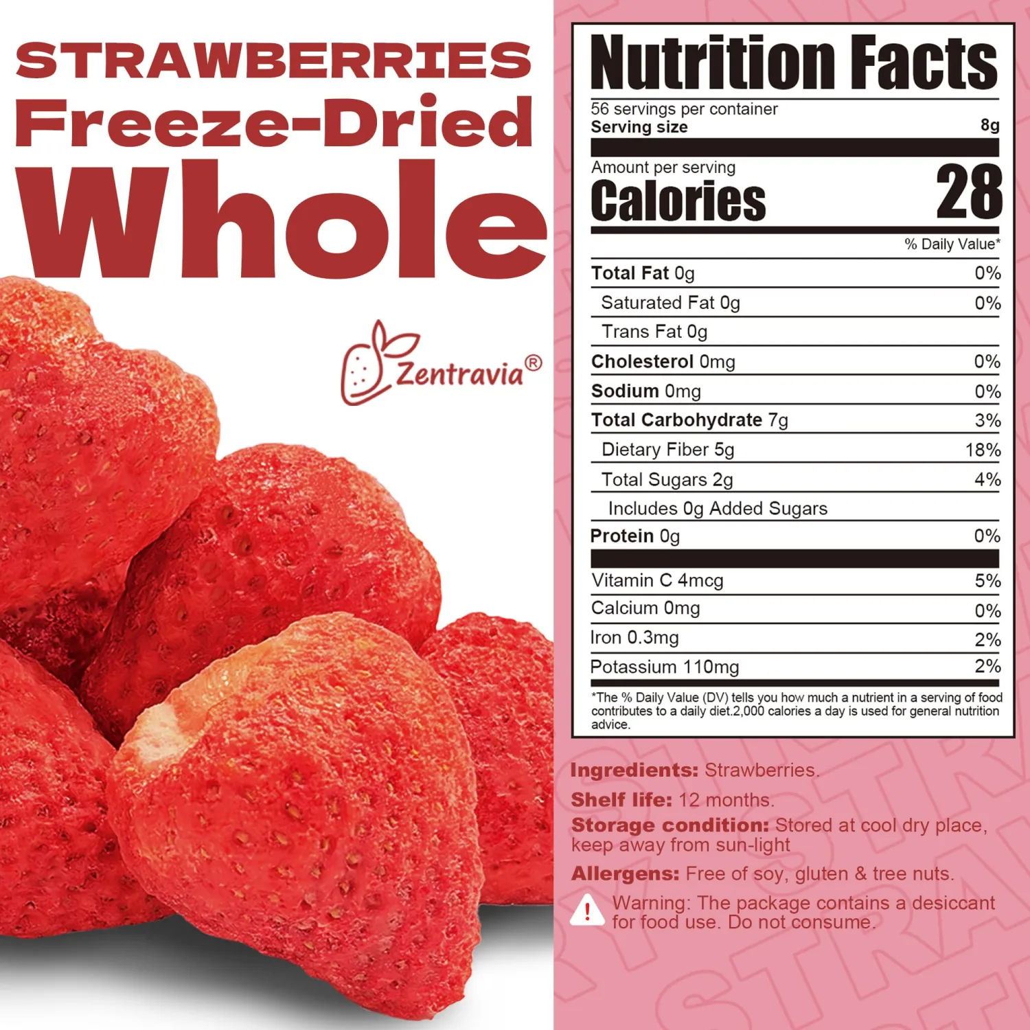 16oz Freeze Dried Whole Strawberries, Dehydrated Strawberry Fruit Bulk