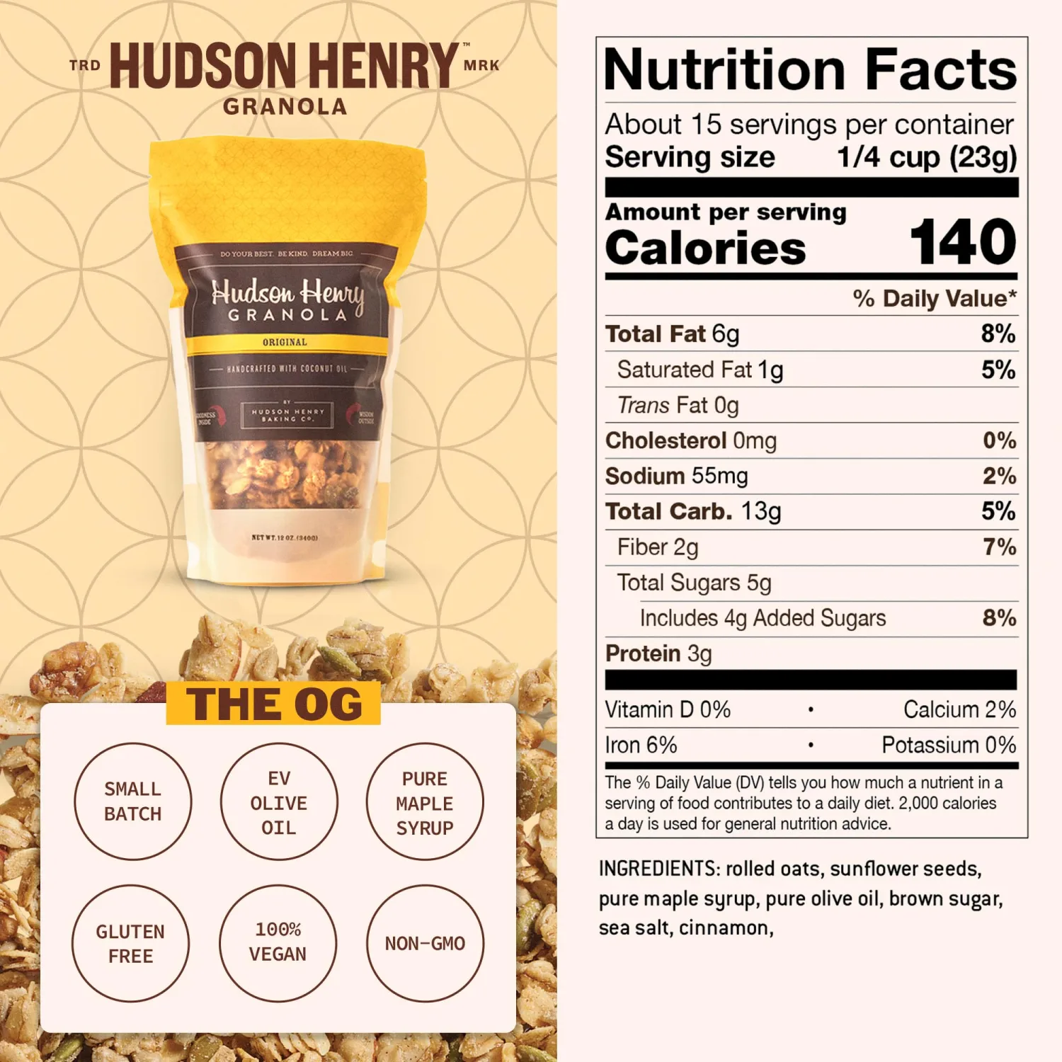 Hudson Henry OG Granola for Yogurt, Snacking & Cereal | Gluten Free Granola with Pumpkin Seeds | Vegan, Non-GMO & Small Batch Baked with Pure Maple Syrup & Extra Virgin Olive Oil | 1 Pack, 12 oz Bag