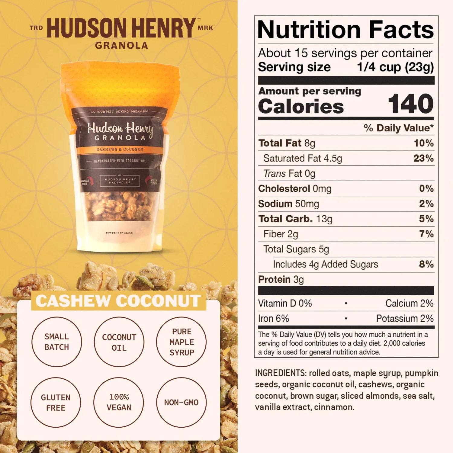 Hudson Henry Cashew Coconut Granola | Gluten Free Granola with Nuts and Seeds | Vegan, Non-GMO & Small Batch Baked with Pure Maple Syrup & Organic Coconut Oil | 1 Pack, 12 oz Bag