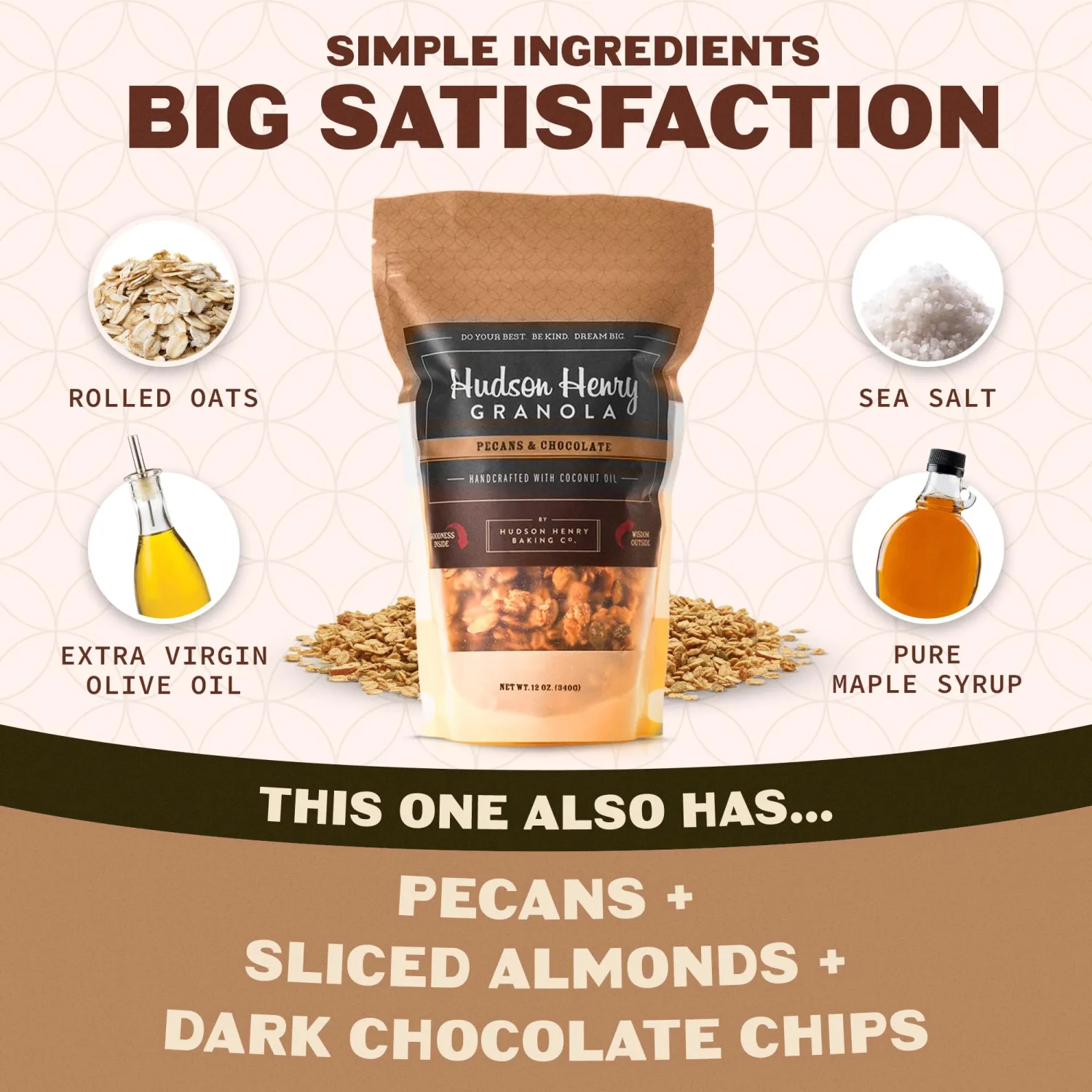 Hudson Henry Chocolate Pecan Granola | Gluten Free Granola with Nuts & Seeds | Vegan, Non-GMO & Small Batch Baked with Pure Maple Syrup & Extra Virgin Olive Oil | 1 Pack, 12 oz Bag