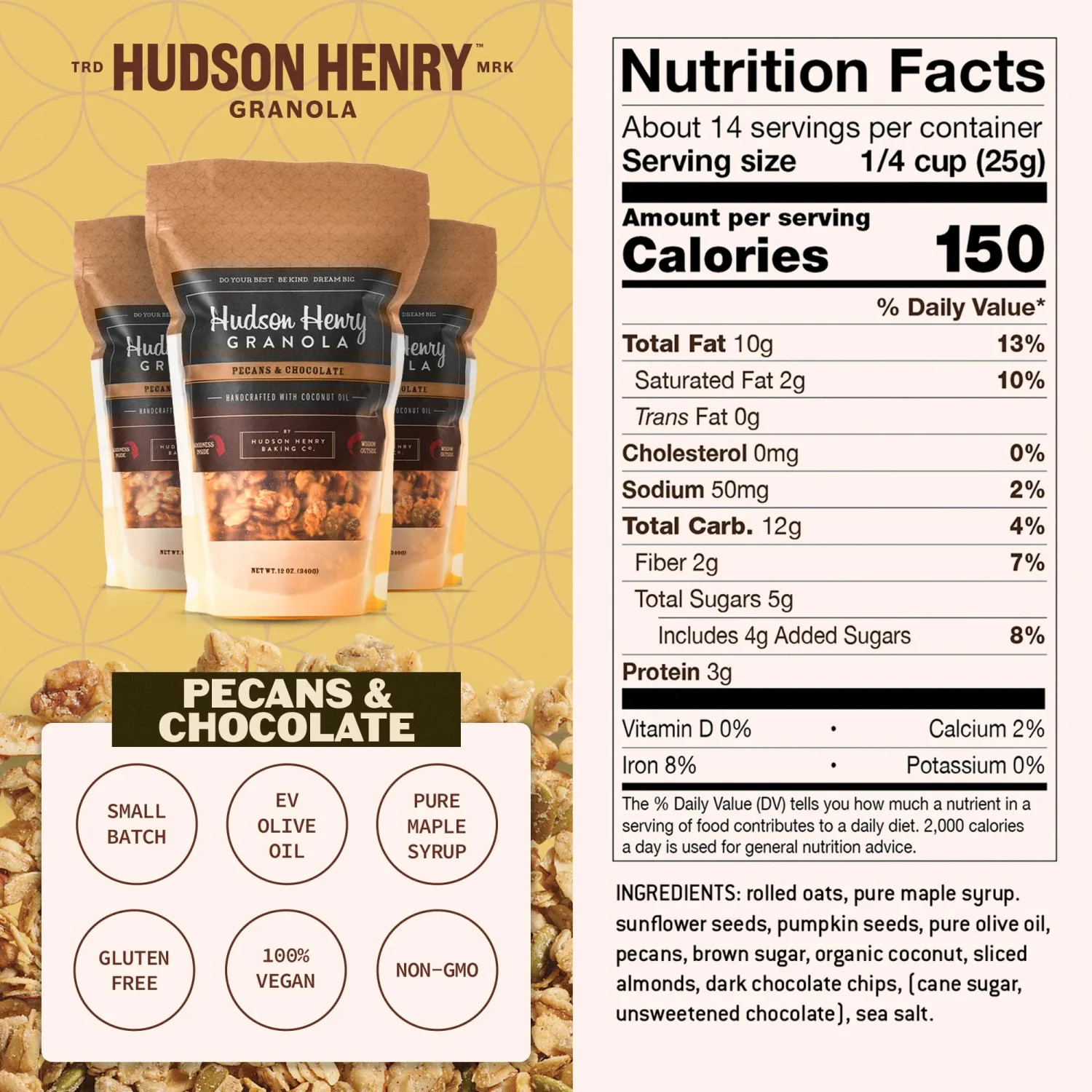 Hudson Henry Chocolate Pecan Granola | Gluten Free Granola with Nuts & Seeds | Vegan, Non-GMO & Small Batch Baked with Pure Maple Syrup & Extra Virgin Olive Oil | 1 Pack, 12 oz Bag
