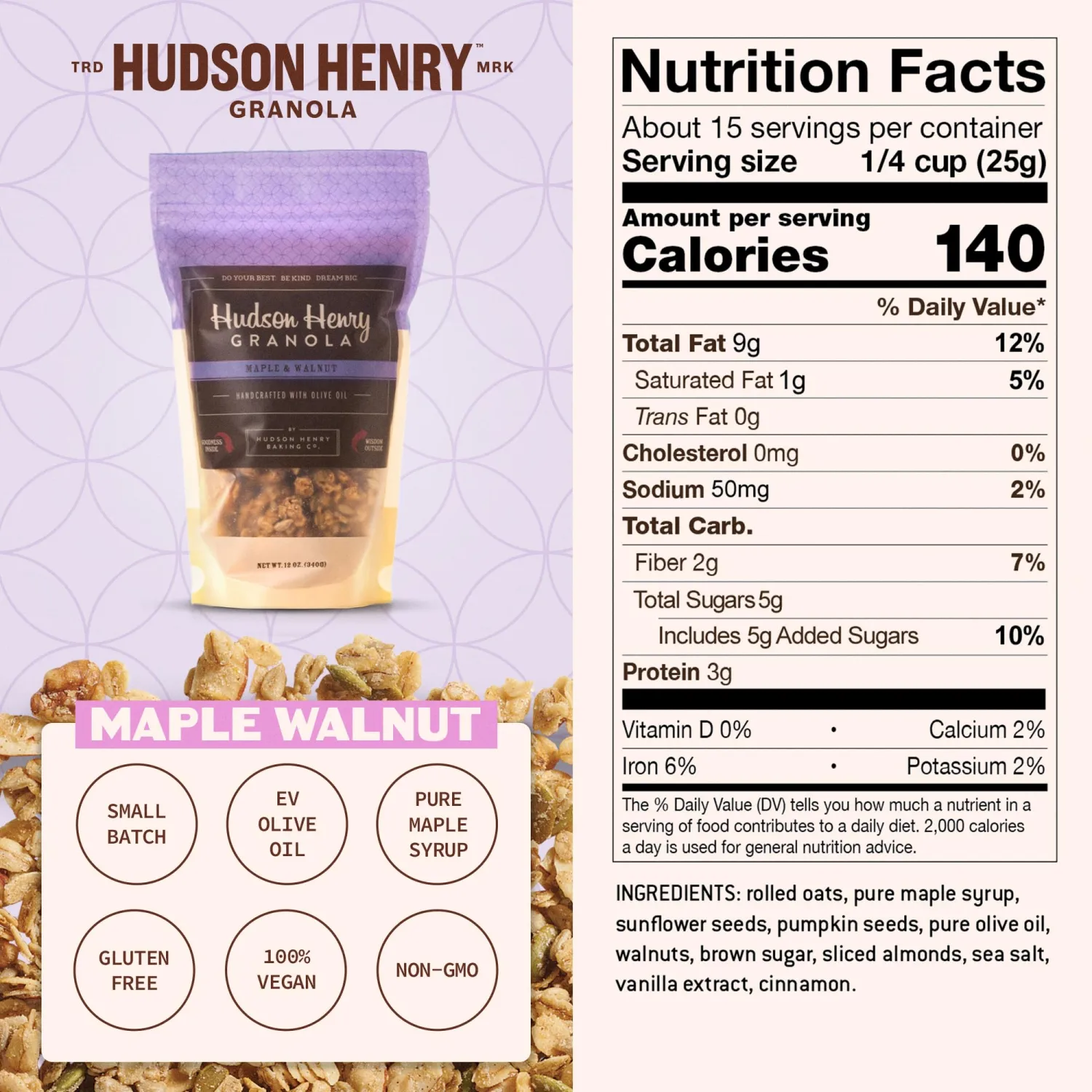 Hudson Henry Maple Walnut Granola | Gluten Free Granola with Nuts and Seeds | Vegan, Non-GMO & Small Batch Baked with Pure Maple Syrup & Extra Virgin Olive Oil | 1 Pack, 12 oz Bag
