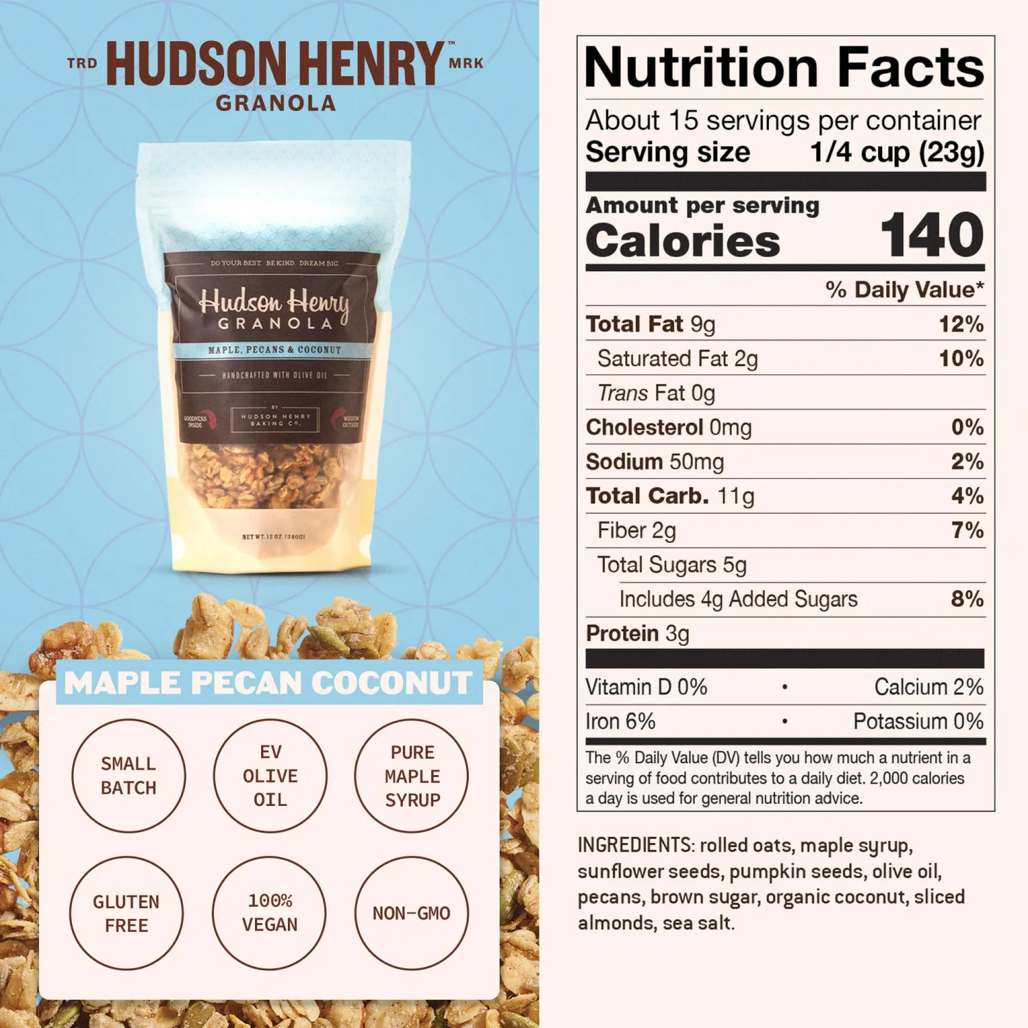 Hudson Henry Maple Pecan Coconut Granola | Gluten Free Granola with Nuts & Seeds | Vegan, Non-GMO & Small Batch Baked with Pure Maple Syrup & Extra Virgin Olive Oil | 1 Pack, 12 oz Bag