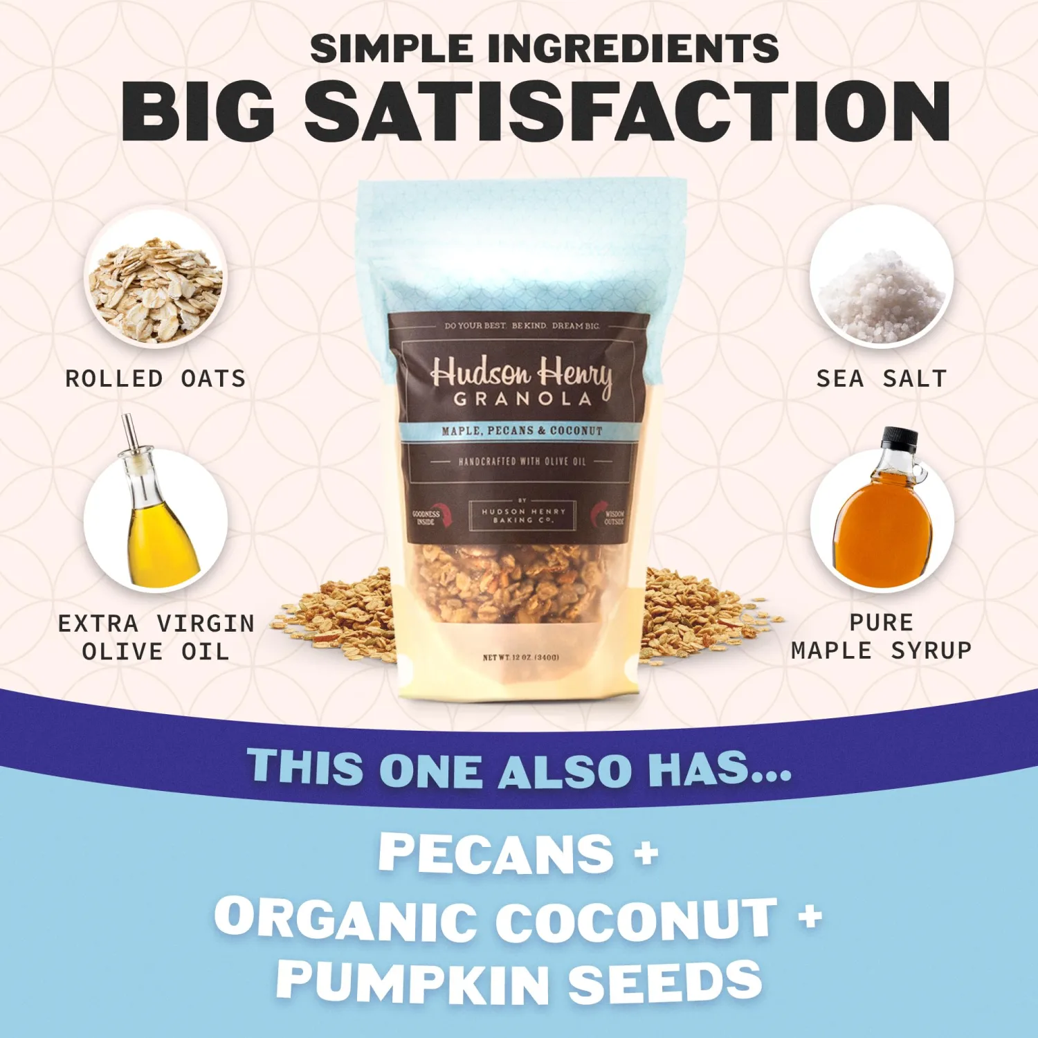 Hudson Henry Maple Pecan Coconut Granola | Gluten Free Granola with Nuts & Seeds | Vegan, Non-GMO & Small Batch Baked with Pure Maple Syrup & Extra Virgin Olive Oil | 1 Pack, 12 oz Bag