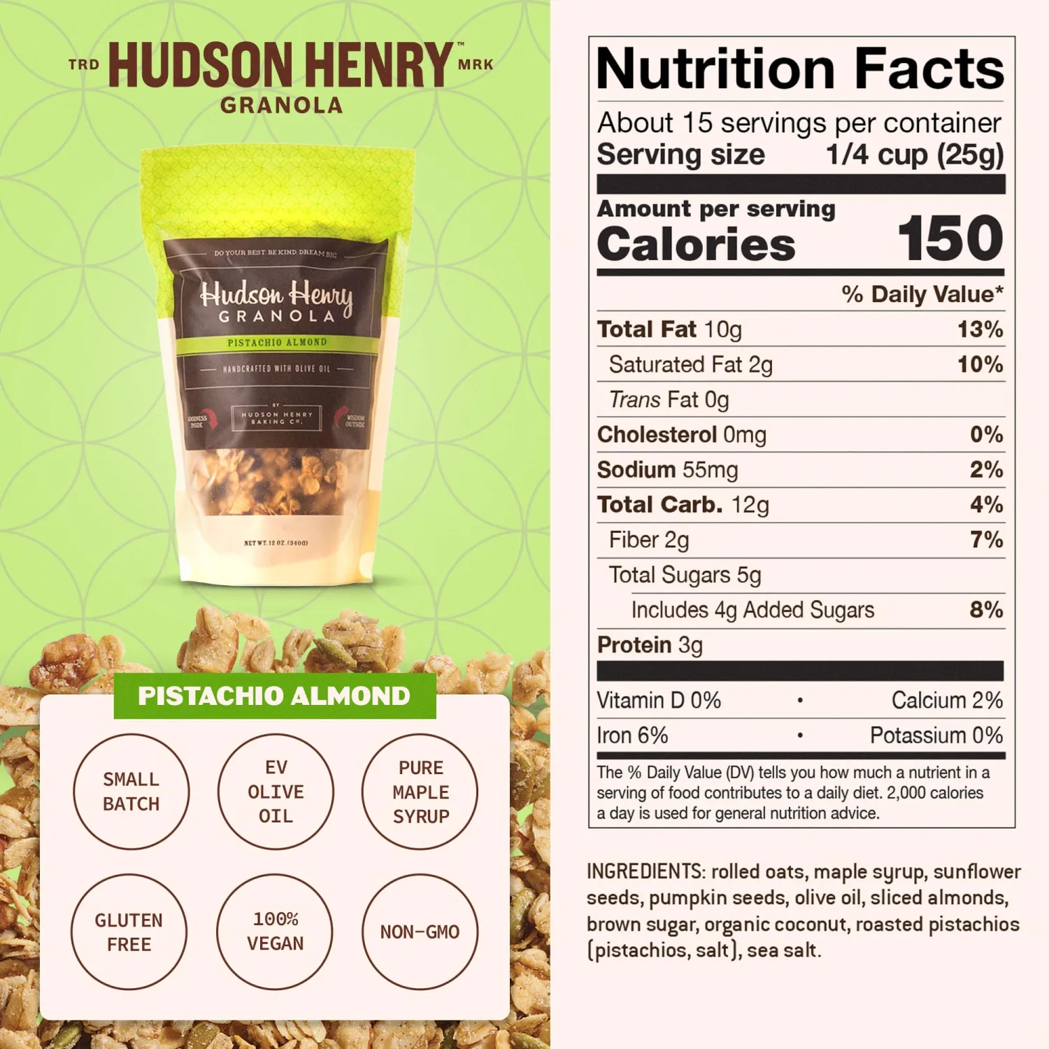 Hudson Henry Pistachio Almond Granola | Gluten Free Granola with Nuts and Seeds | Vegan, Non-GMO & Small Batch Baked with Pure Maple Syrup & Extra Virgin Olive Oil | 1 Pack, 12 oz Bag