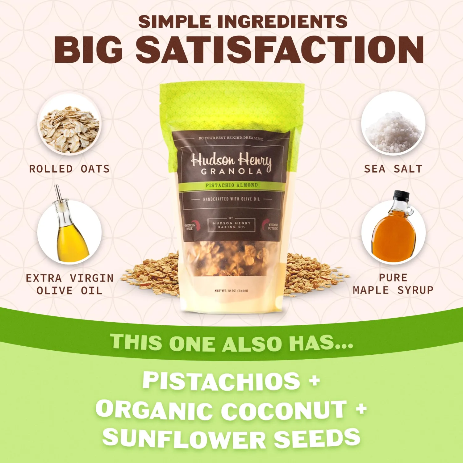 Hudson Henry Pistachio Almond Granola | Gluten Free Granola with Nuts and Seeds | Vegan, Non-GMO & Small Batch Baked with Pure Maple Syrup & Extra Virgin Olive Oil | 1 Pack, 12 oz Bag