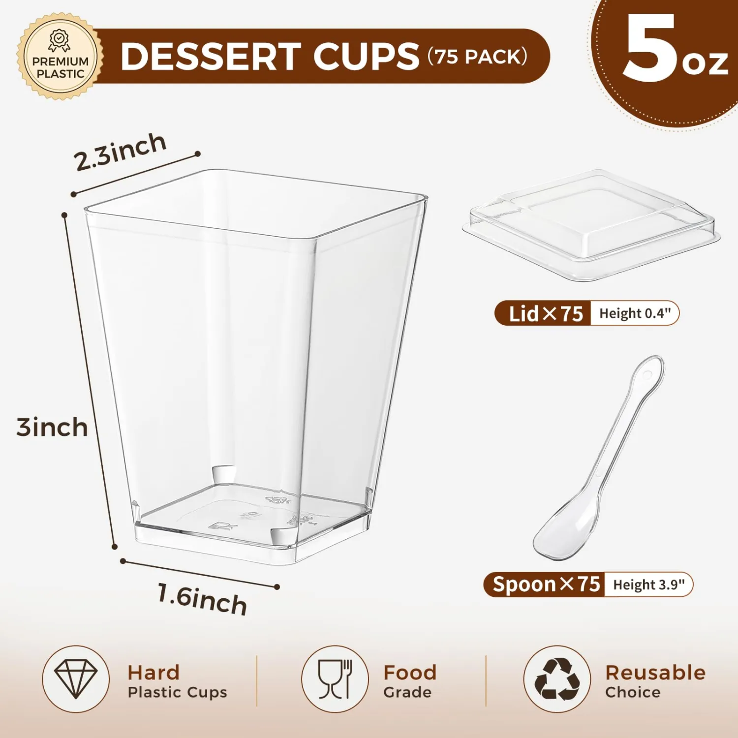 5 oz Plastic Dessert Cups with Lids and Spoons 75 Pcs (Serves 25) – Clear Yogurt Parfait Appetizer Cups for Party, Mini Dessert Shooters for Pudding, Jello, Fruit, Ideal for Wedding, Baby Shower
