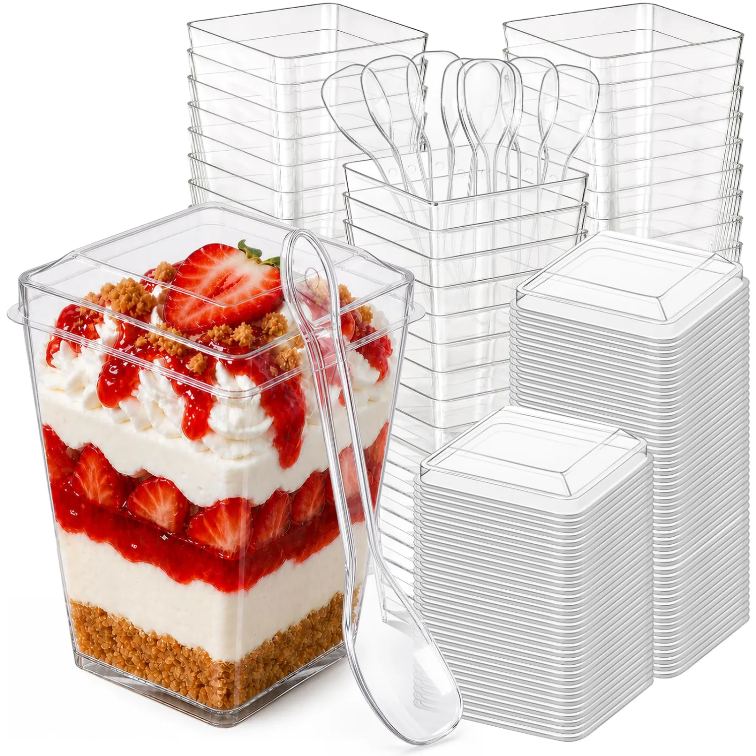 5 oz Plastic Dessert Cups with Lids and Spoons 75 Pcs (Serves 25) – Clear Yogurt Parfait Appetizer Cups for Party, Mini Dessert Shooters for Pudding, Jello, Fruit, Ideal for Wedding, Baby Shower
