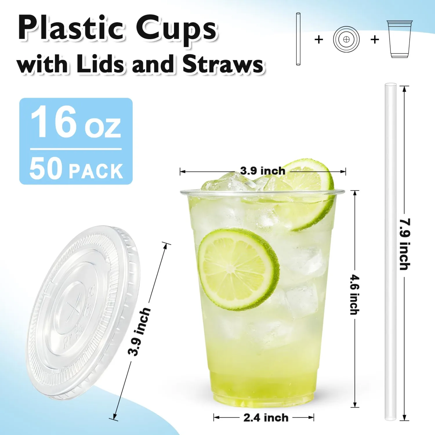 16 oz Disposable Plastic Cups with Lids and Straws 50 Pack