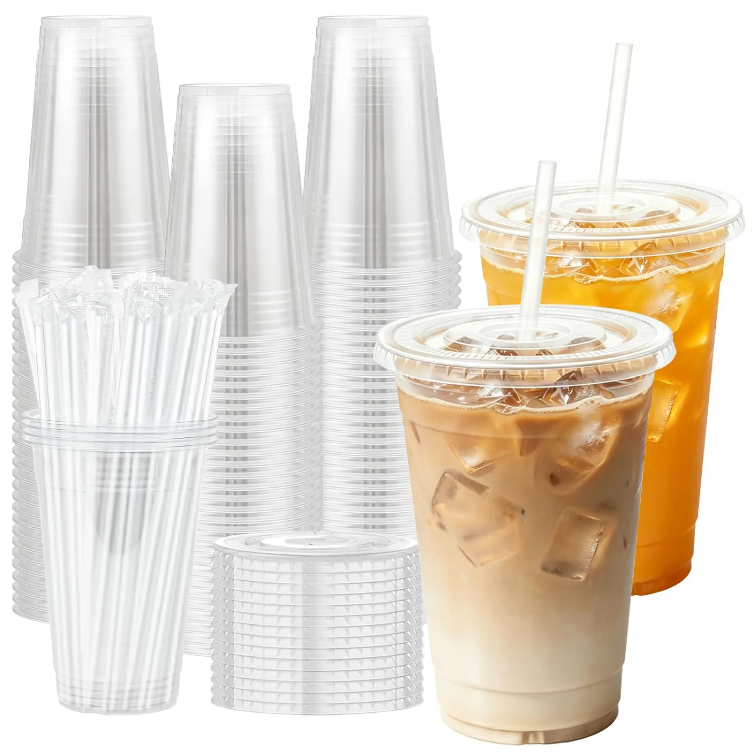 16 oz Disposable Plastic Cups with Lids and Straws 50 Pack