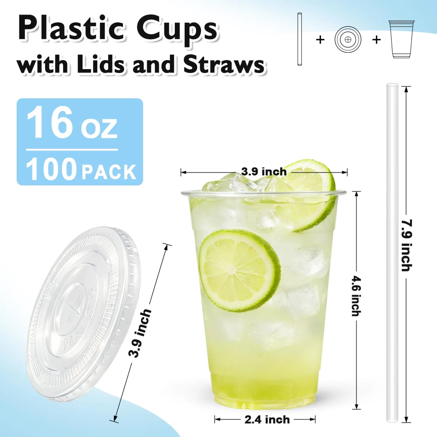 100 Pack 16 oz Disposable Plastic Cups with Lids and Straws