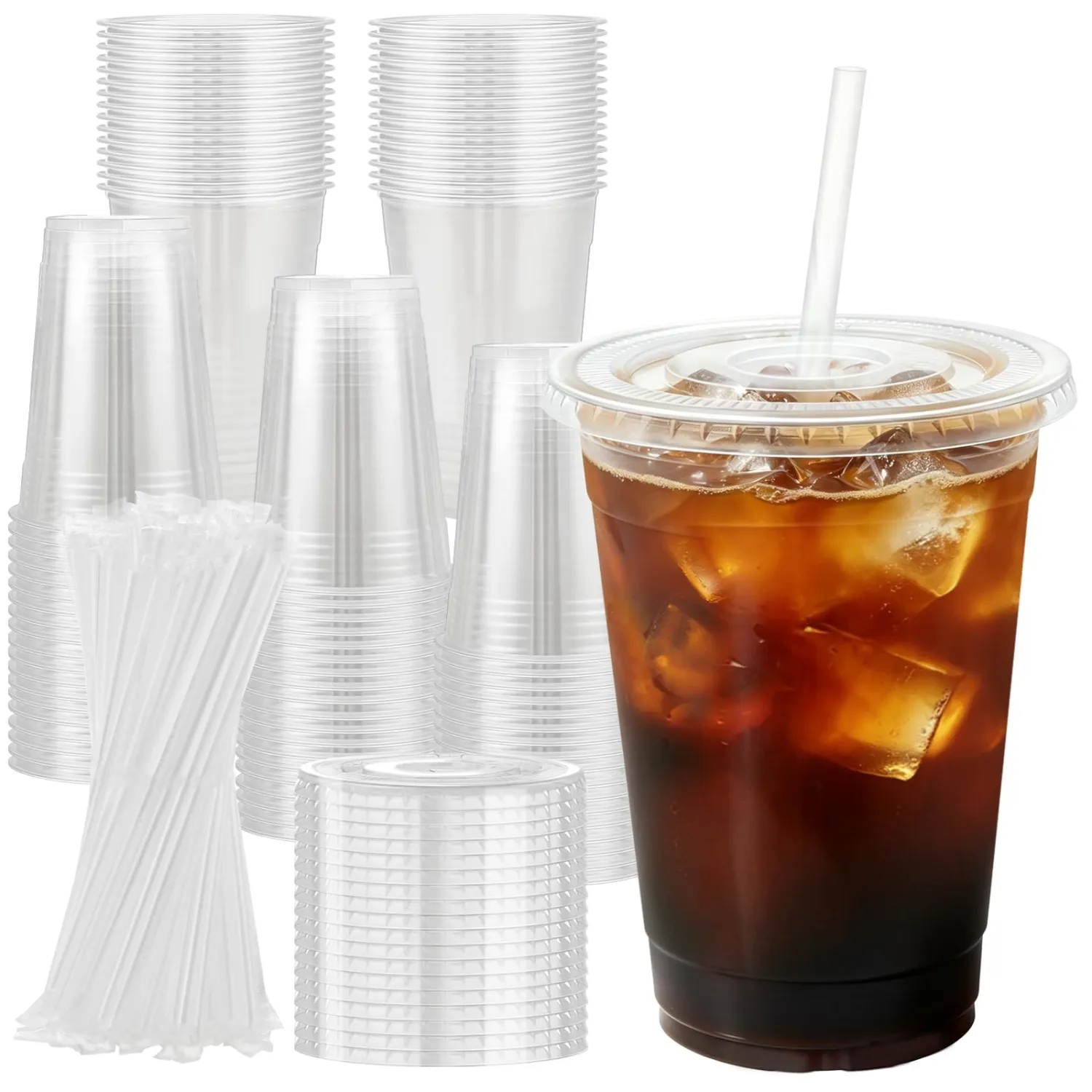 100 Pack 16 oz Disposable Plastic Cups with Lids and Straws