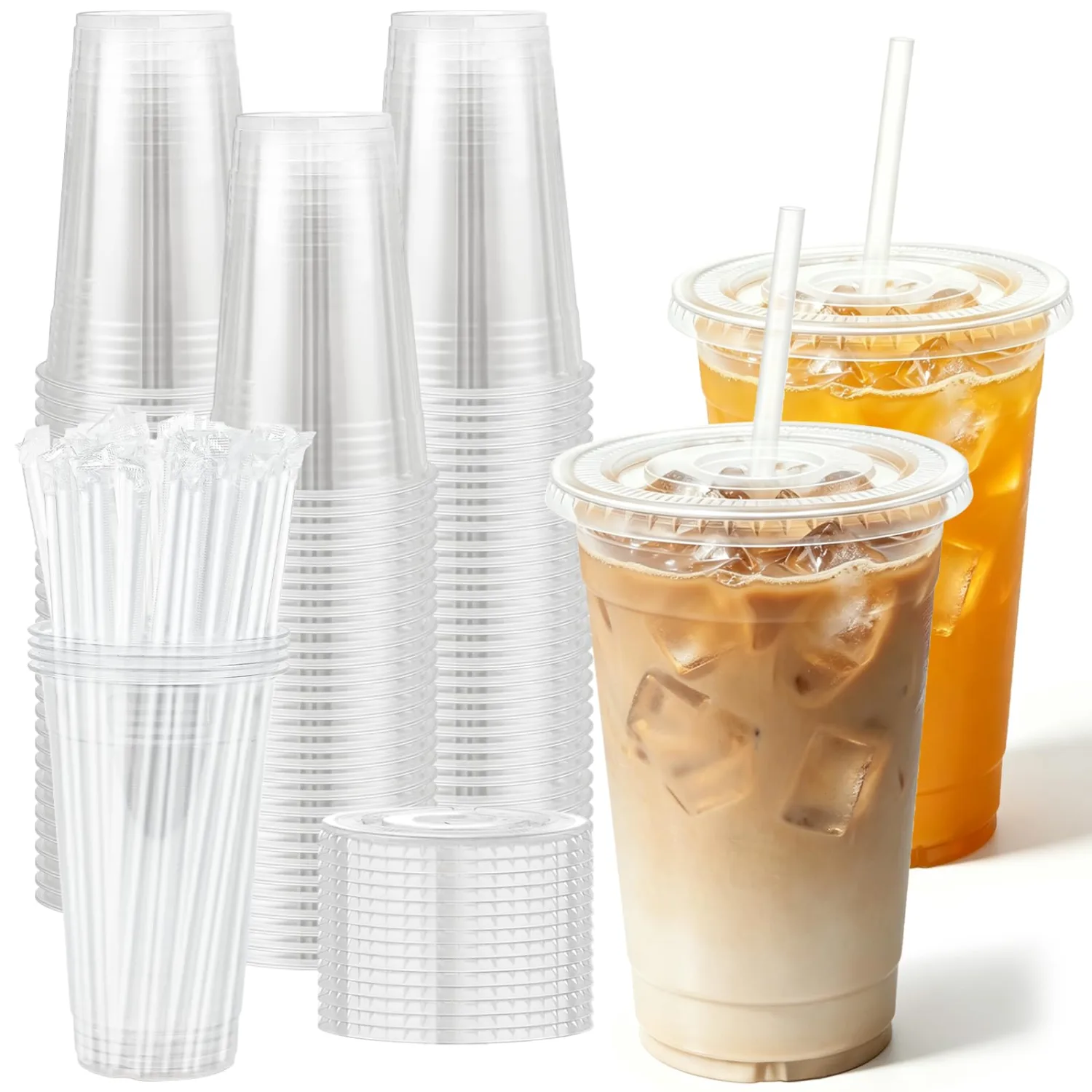 20 oz 50 Pack Disposable Clear Plastic Cups with Lids and Straws