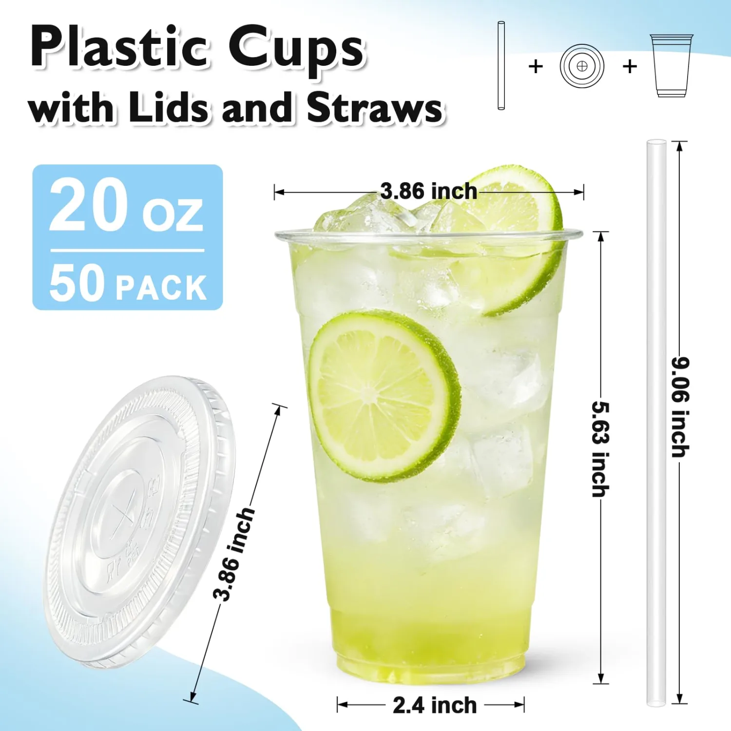 20 oz 50 Pack Disposable Clear Plastic Cups with Lids and Straws