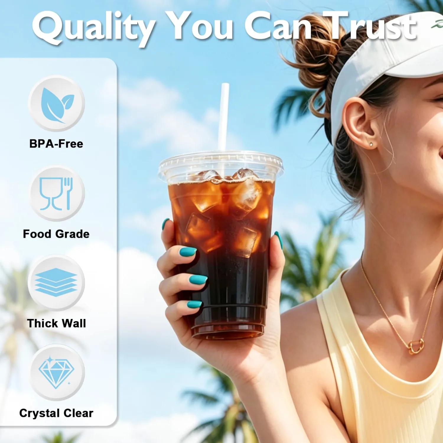 20 oz 50 Pack Disposable Clear Plastic Cups with Lids and Straws