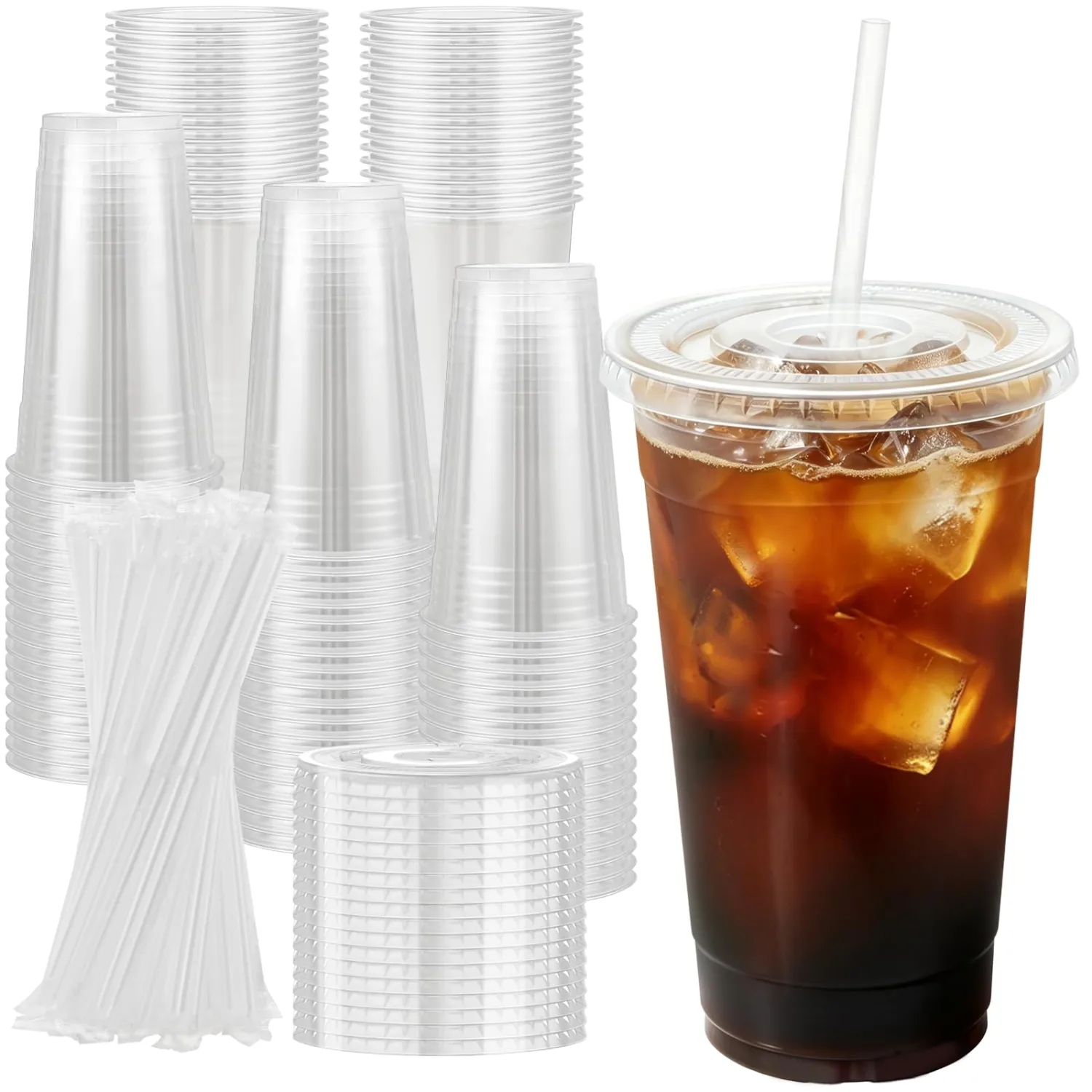 100 Pack 24 oz Disposable Plastic Cups with Lids and Straws