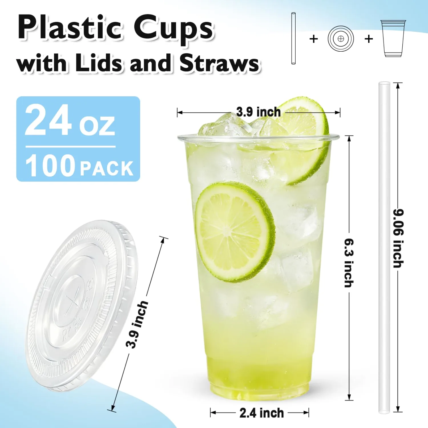 100 Pack 24 oz Disposable Plastic Cups with Lids and Straws