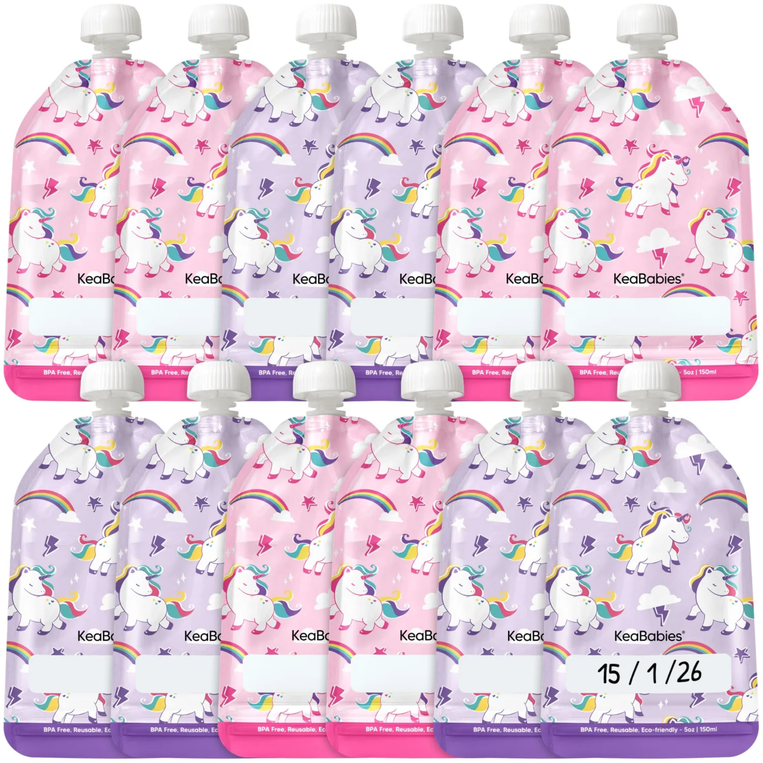 12-Pack Reusable Baby Food Pouches Refillable, 5oz, BPA-Free (Star Power)