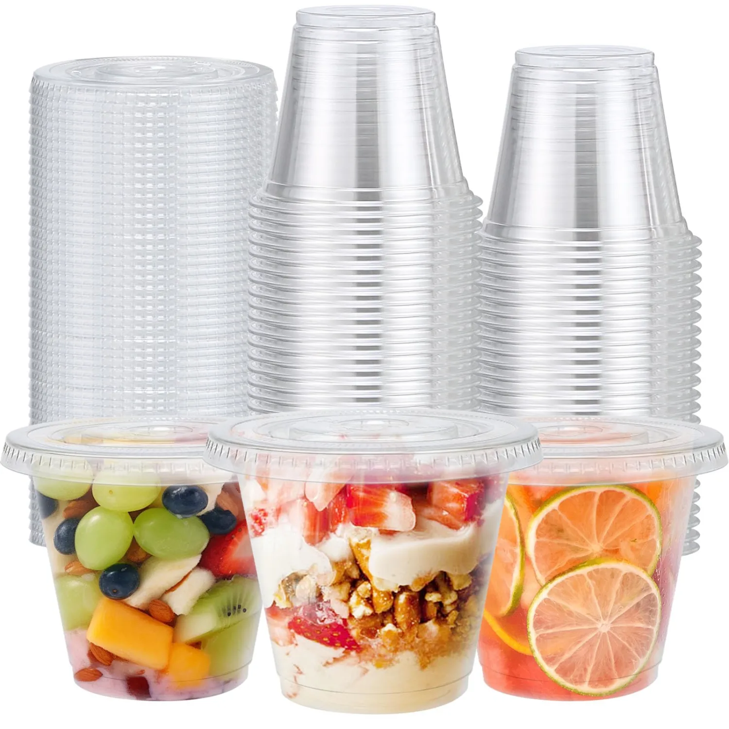 Clawsoff 50 Pack 9 oz Plastic Cups with Flat Lids Disposable Dessert Cup