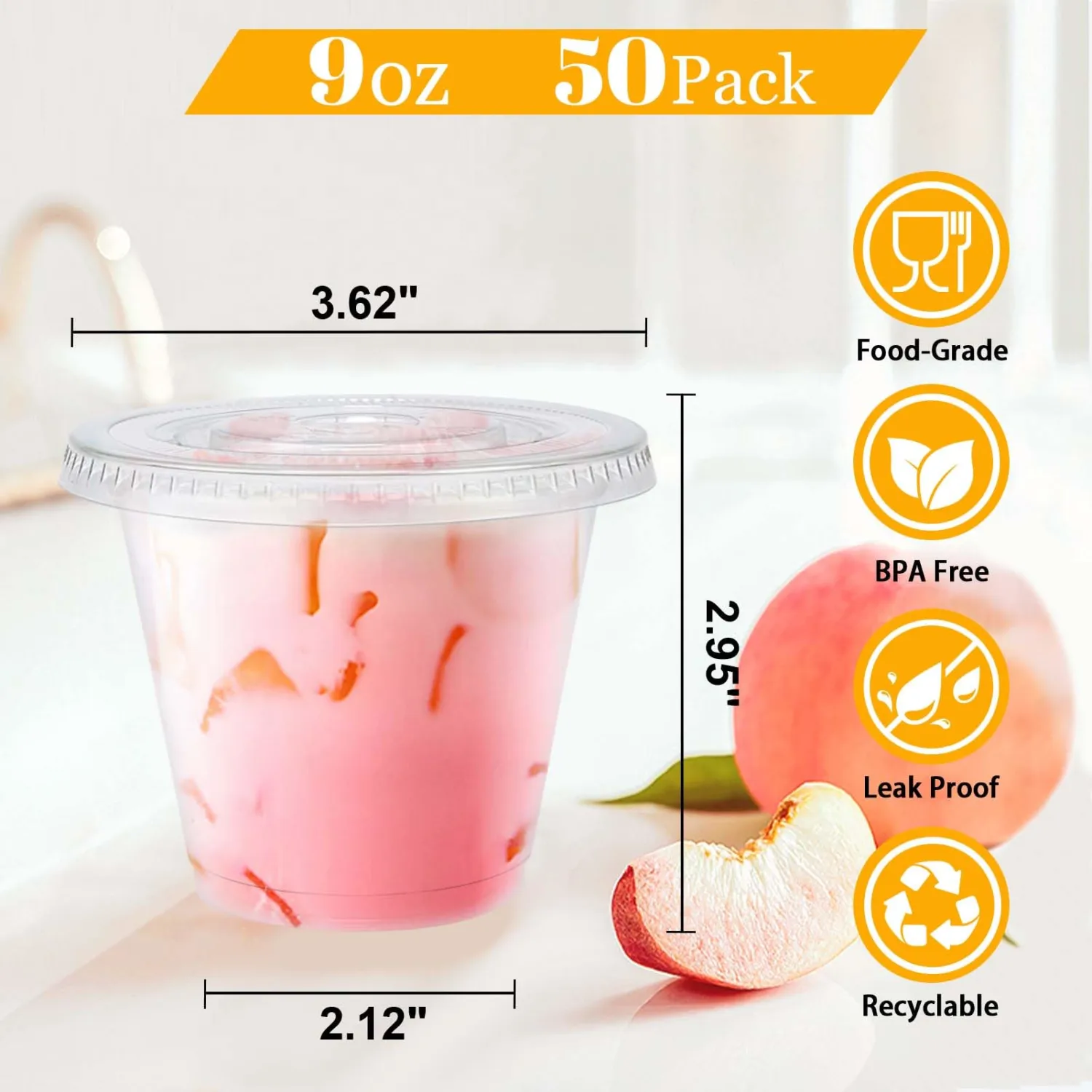Clawsoff 50 Pack 9 oz Plastic Cups with Flat Lids Disposable Dessert Cup