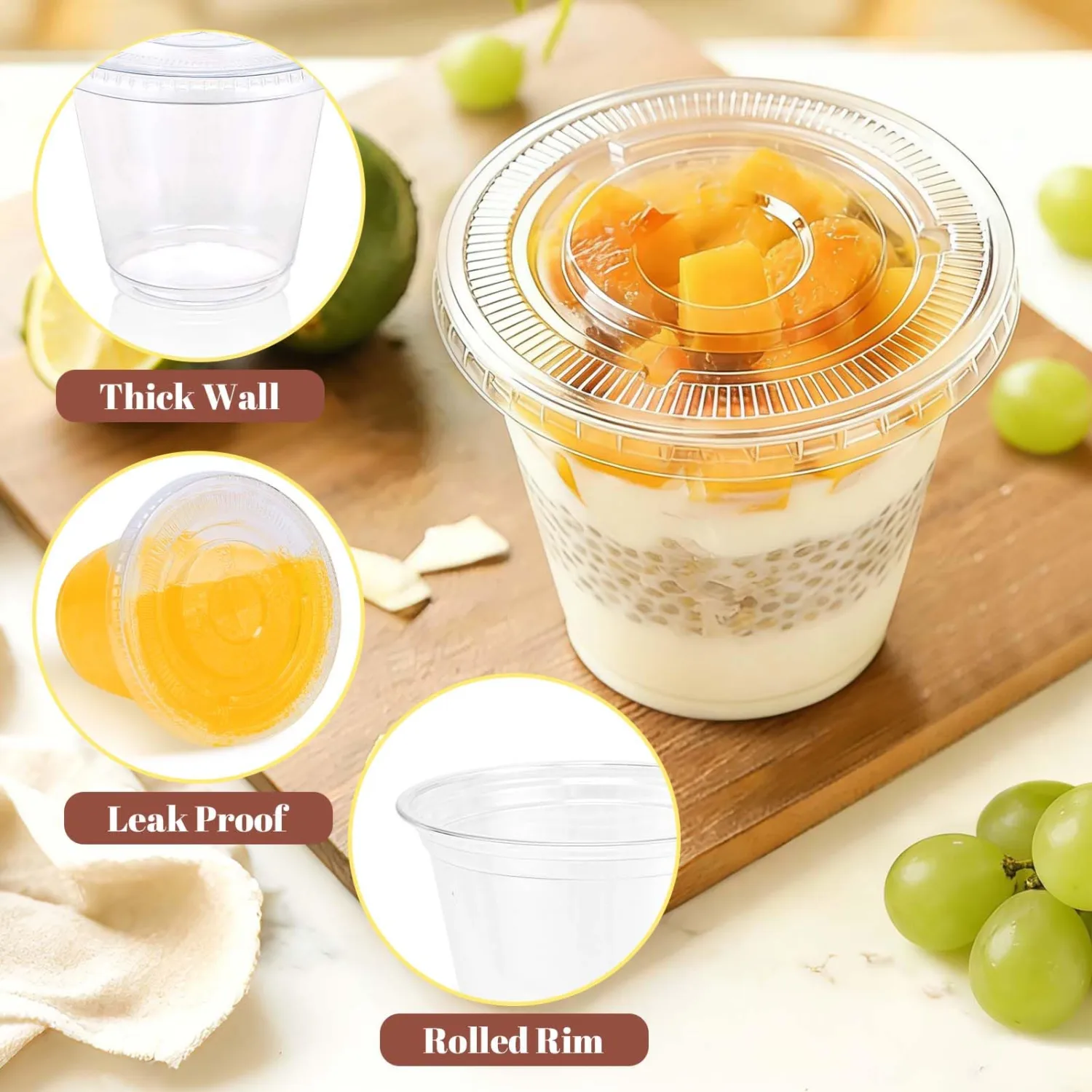 Clawsoff 200 Pack 9 oz Plastic Cups with Flat Lids Disposable Dessert Cup