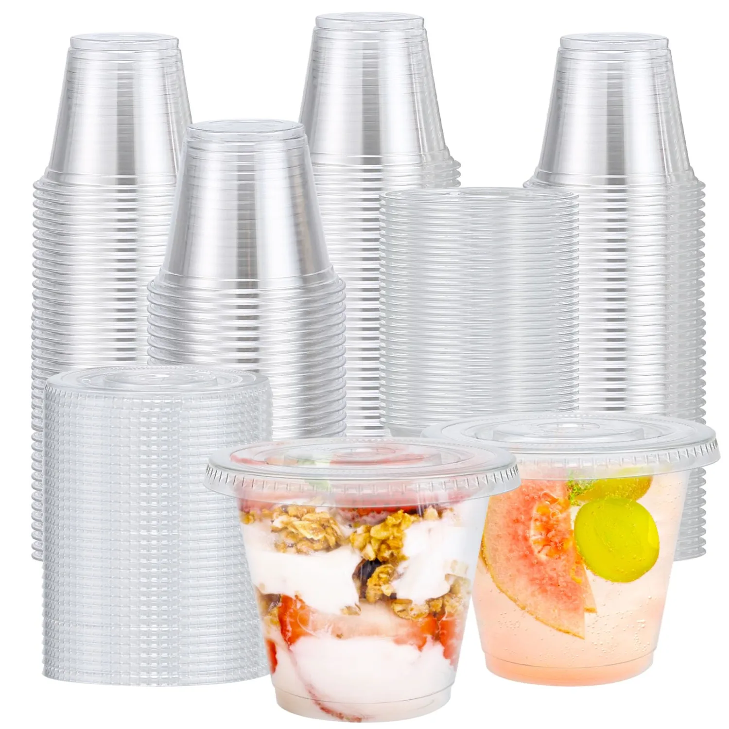 Clawsoff 200 Pack 9 oz Plastic Cups with Flat Lids Disposable Dessert Cup