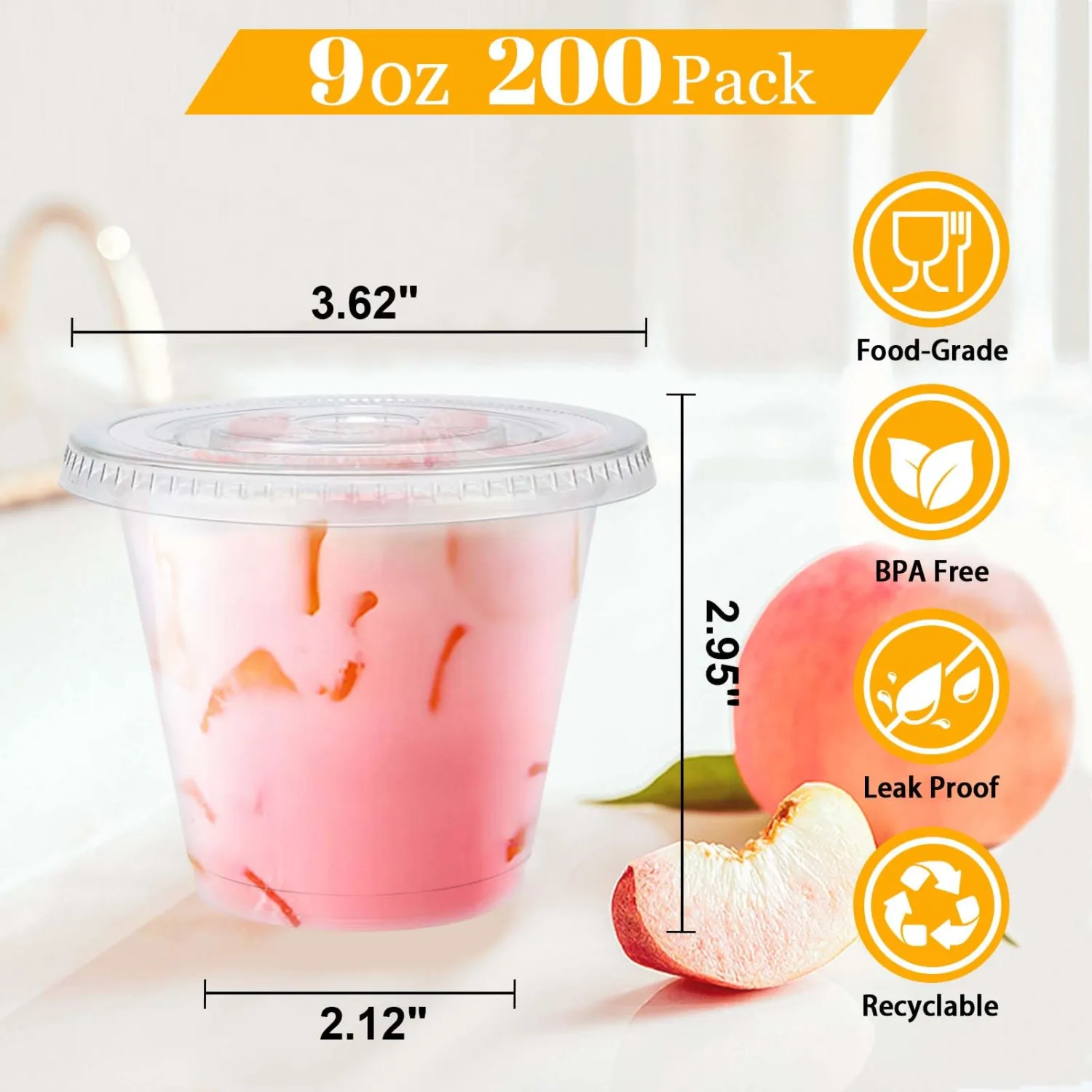 Clawsoff 200 Pack 9 oz Plastic Cups with Flat Lids Disposable Dessert Cup