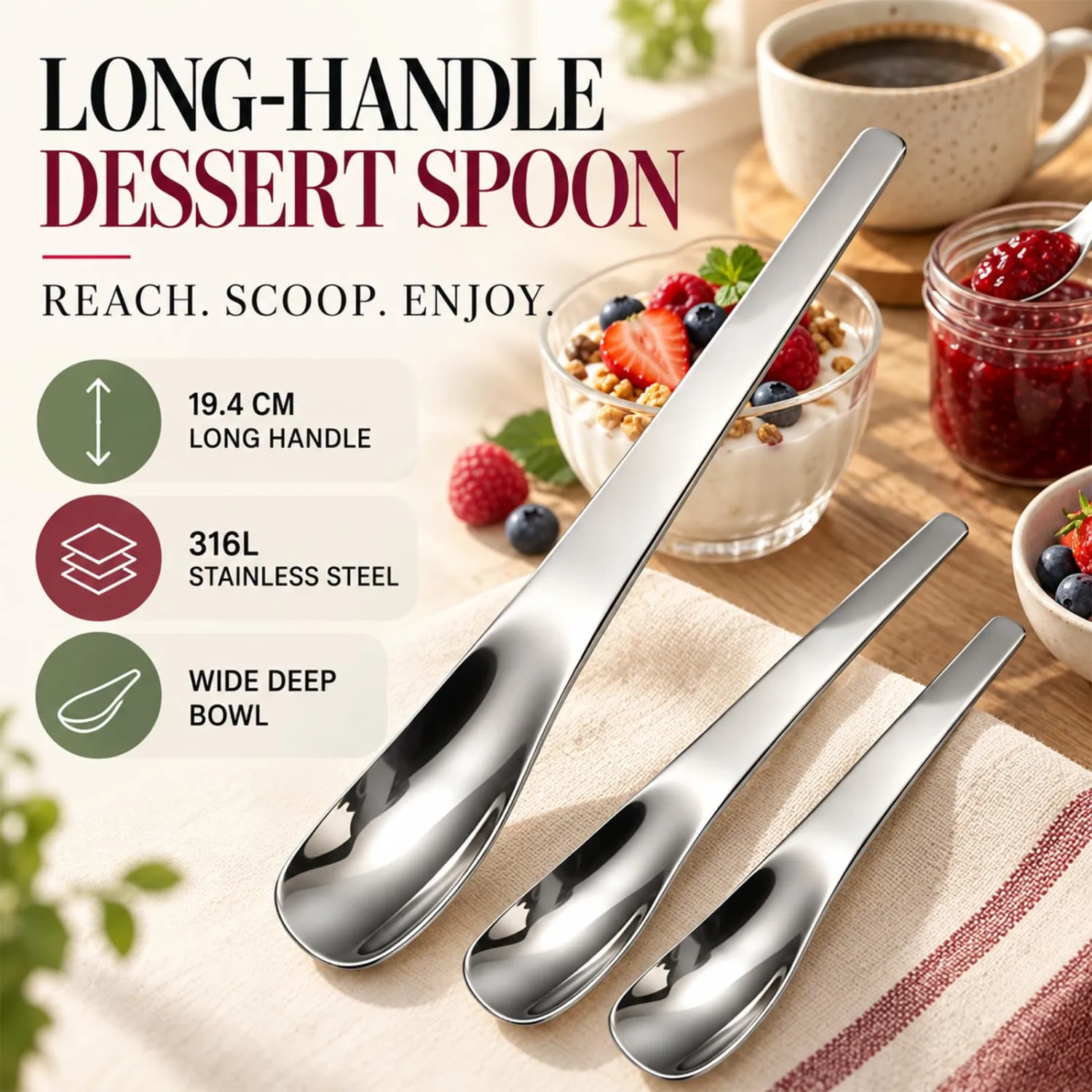 2027 New Long Handle Stainless Steel Dessert Spoon, Deep Bowl Yogurt Spoon, Sturdy Mirror Polished Ice Cream Shovel and Coffee Stirrer for Sundae, Parfait, Iced Tea and Tall Glasses (G-2PCS)
