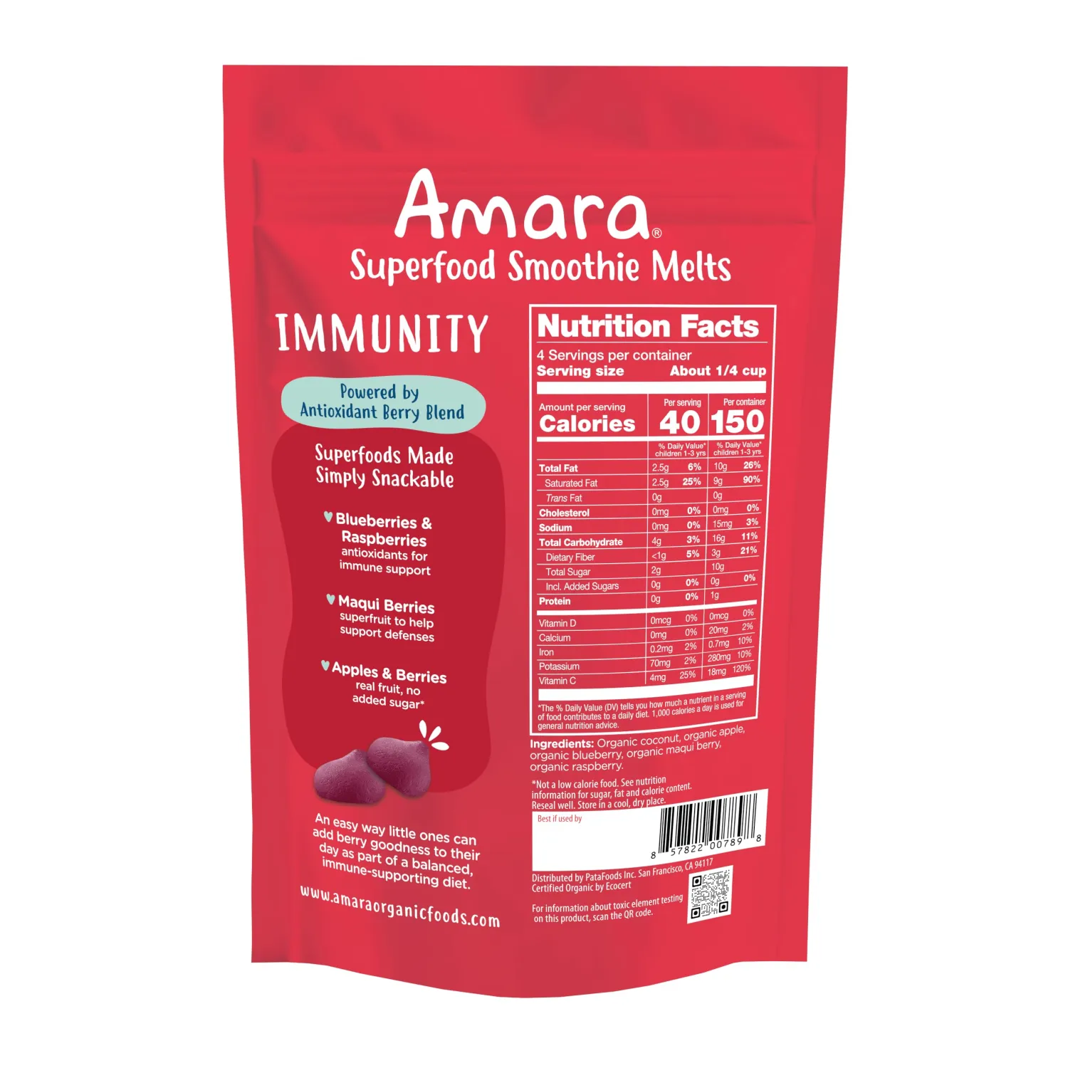 Amara Organic Very Berry Immunity Blend Superfood Smoothie Melts - 1oz: 8 Months and Up, Pouch, Gluten-Free, Non-GMO