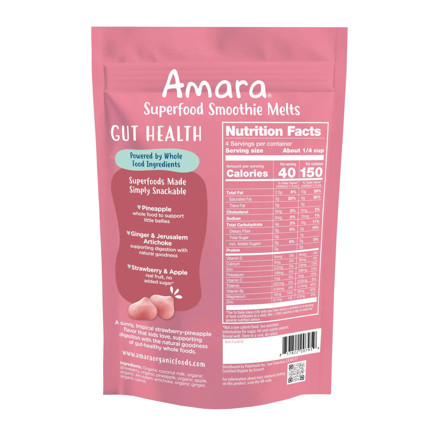 Amara Organic Gut Blend Superfood Smoothie Melts - 1oz: 8 Months and Up, Pouch, Gluten-Free, Non-GMO