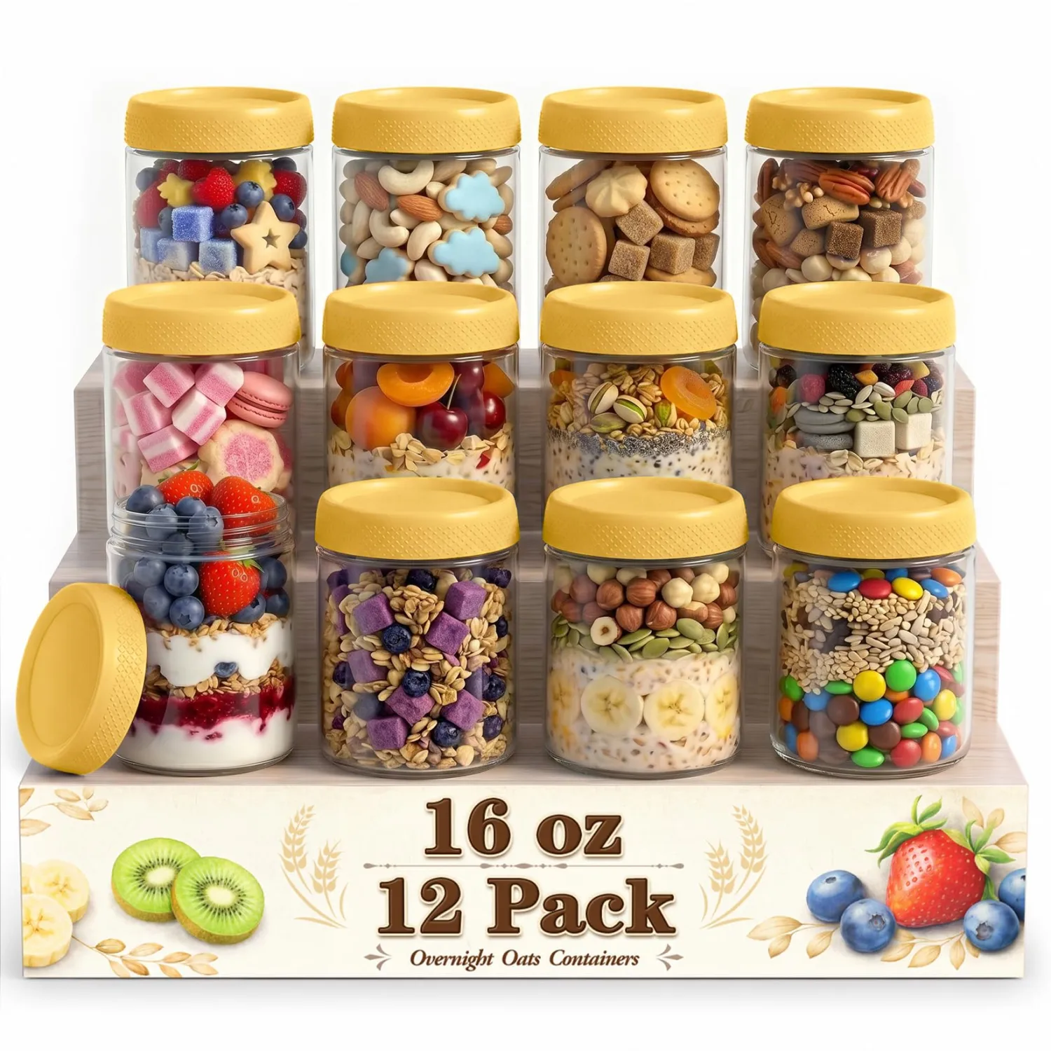 16oz Glass Jar with Lid, Over Night Oats Container with Lid, Storage Jars