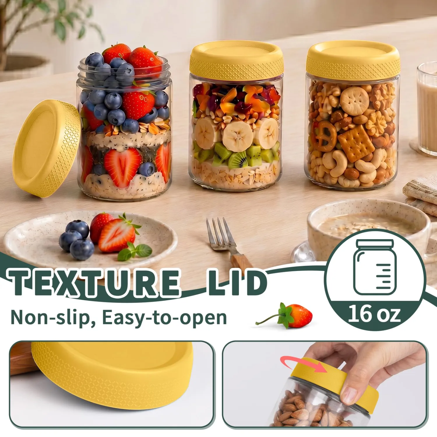 16oz Glass Jar with Lid, Over Night Oats Container with Lid, Storage Jars