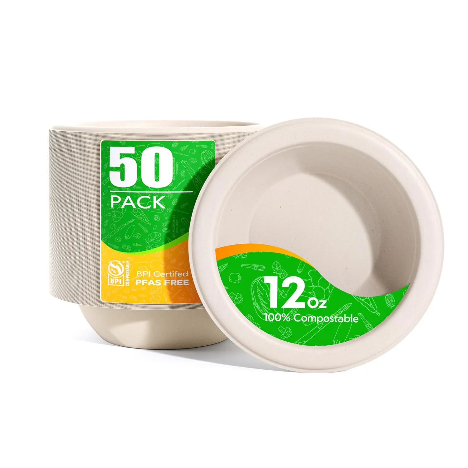 Disposable Paper Bowls 12 oz - 50 Count Heavy Duty Compostable Soup Bowls