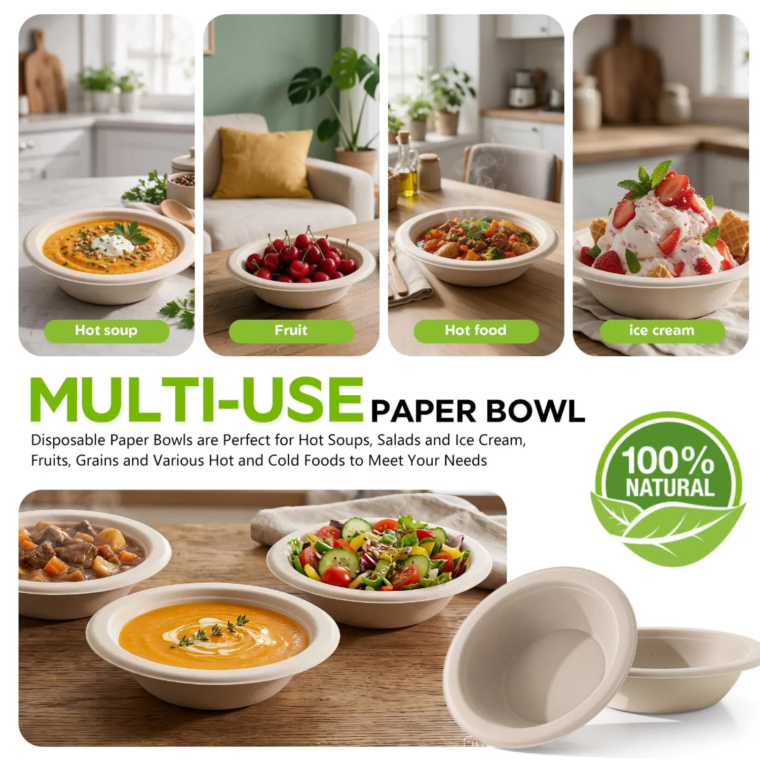 Disposable Paper Bowls 12 oz - 50 Count Heavy Duty Compostable Soup Bowls